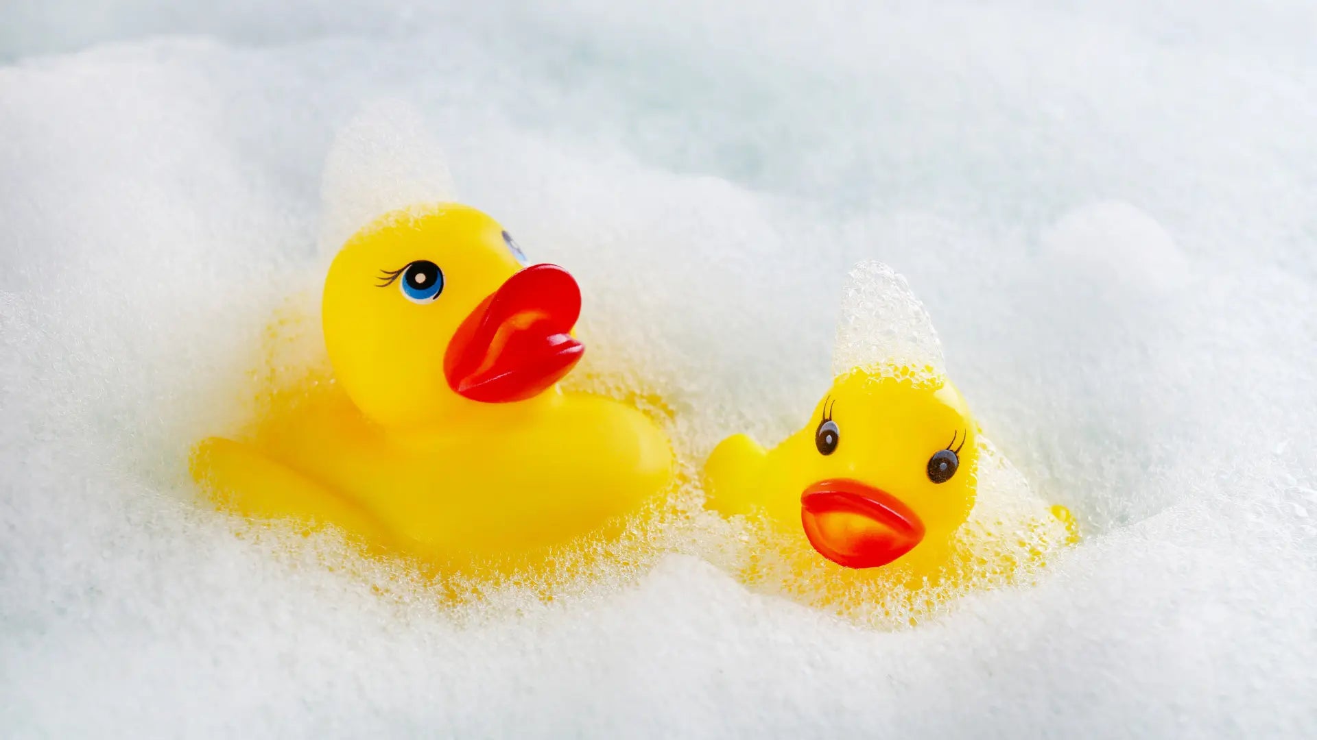 Deux canards en plastique jaunes flottant dans une mousse de bain blanche.