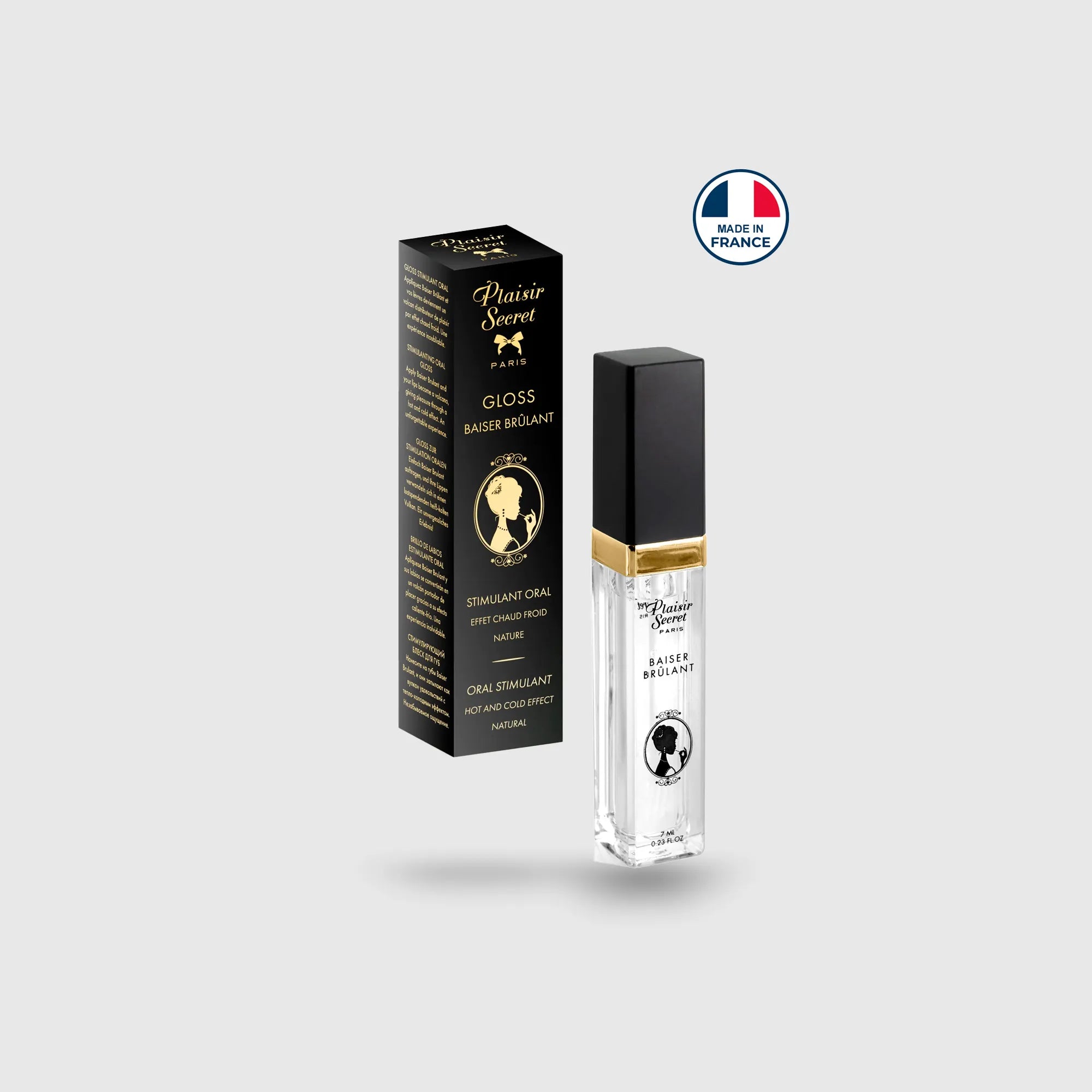 Flacon et boîte du gloss stimulant oral Baiser Brûlant, avec mention « Fabriqué en France » sur l’emballage