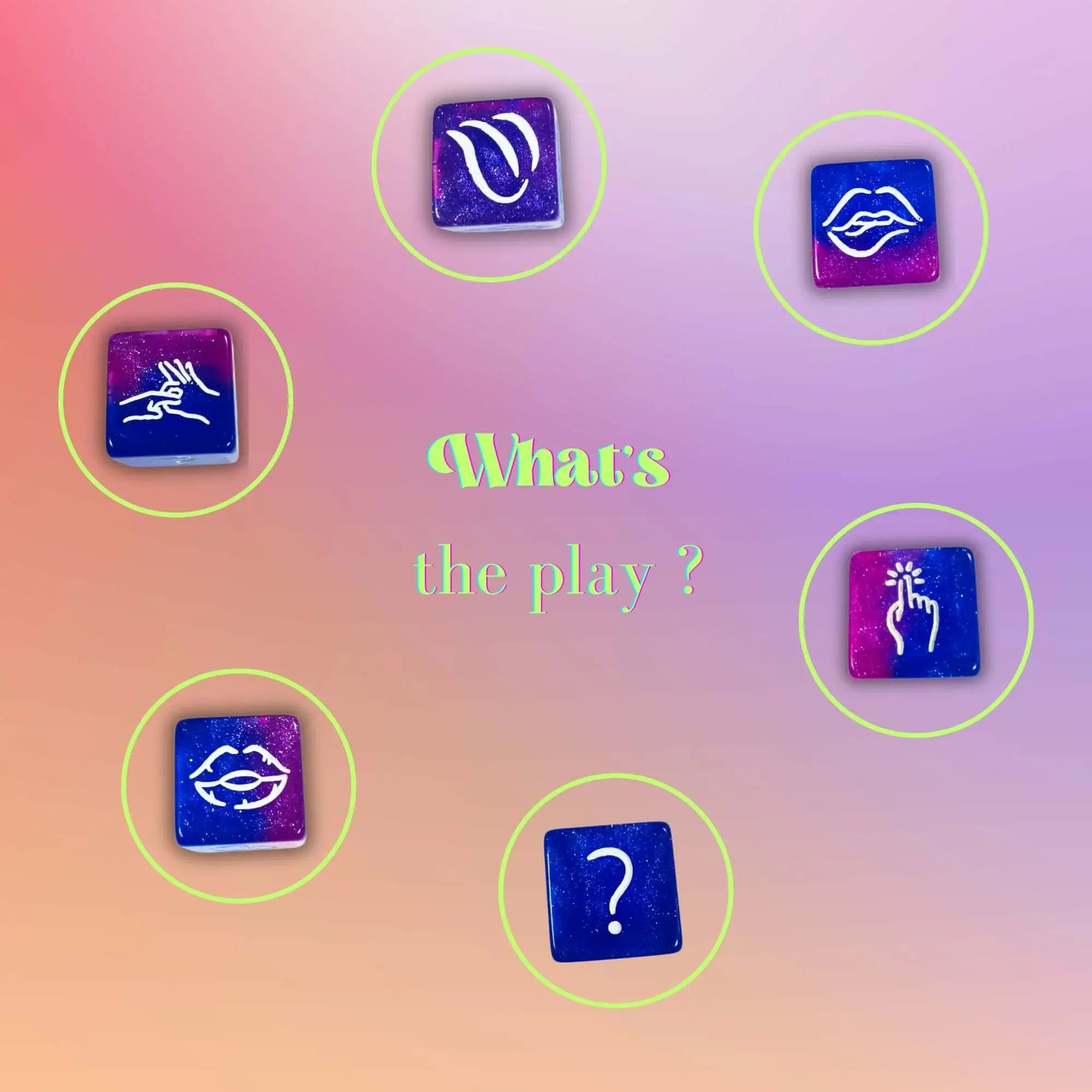 Visuels détaillant les symboles de bouche, main et point d’interrogation sur les dés érotiques