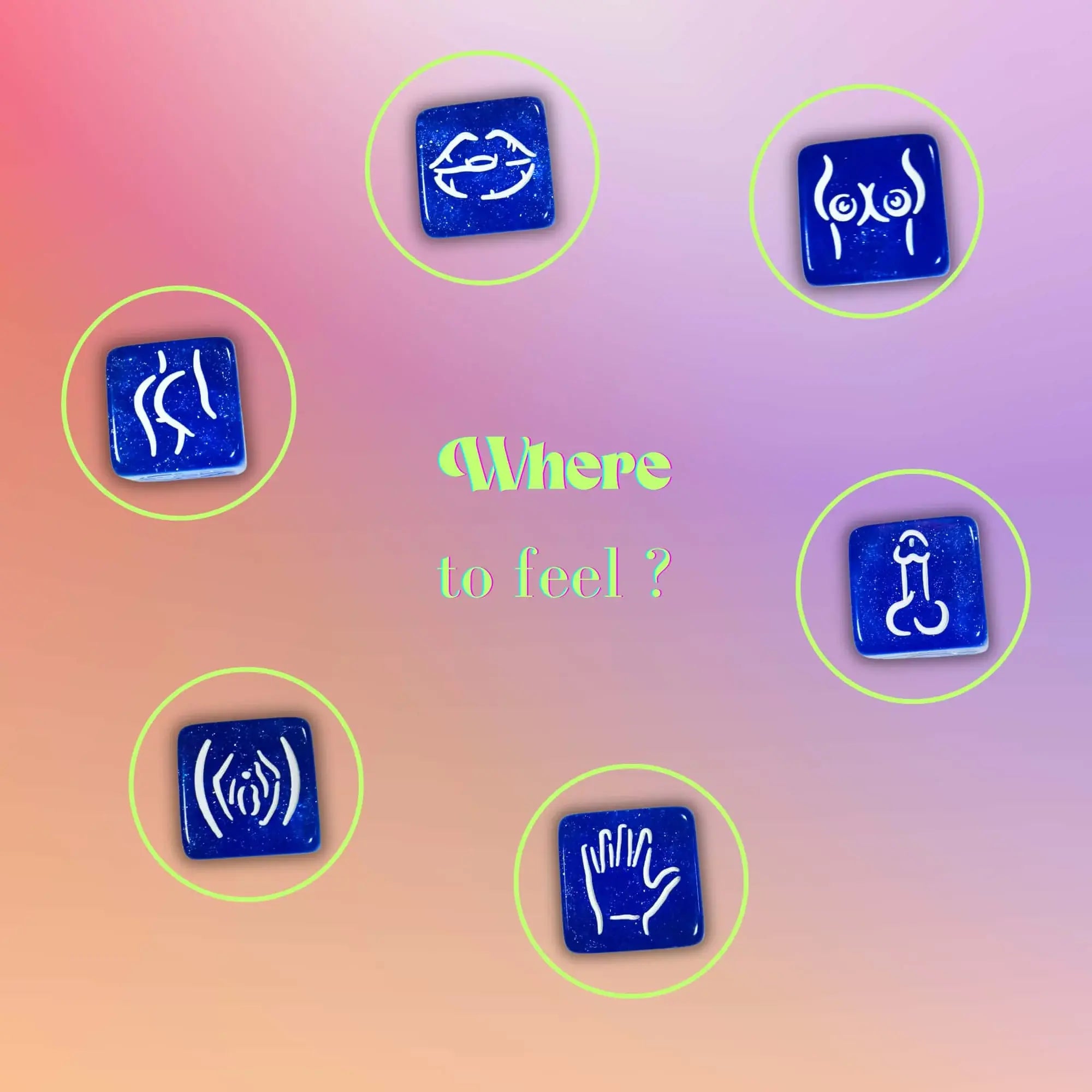 Icônes représentant diverses zones érogènes (fesses, poitrine, pénis) sur les dés érotiques