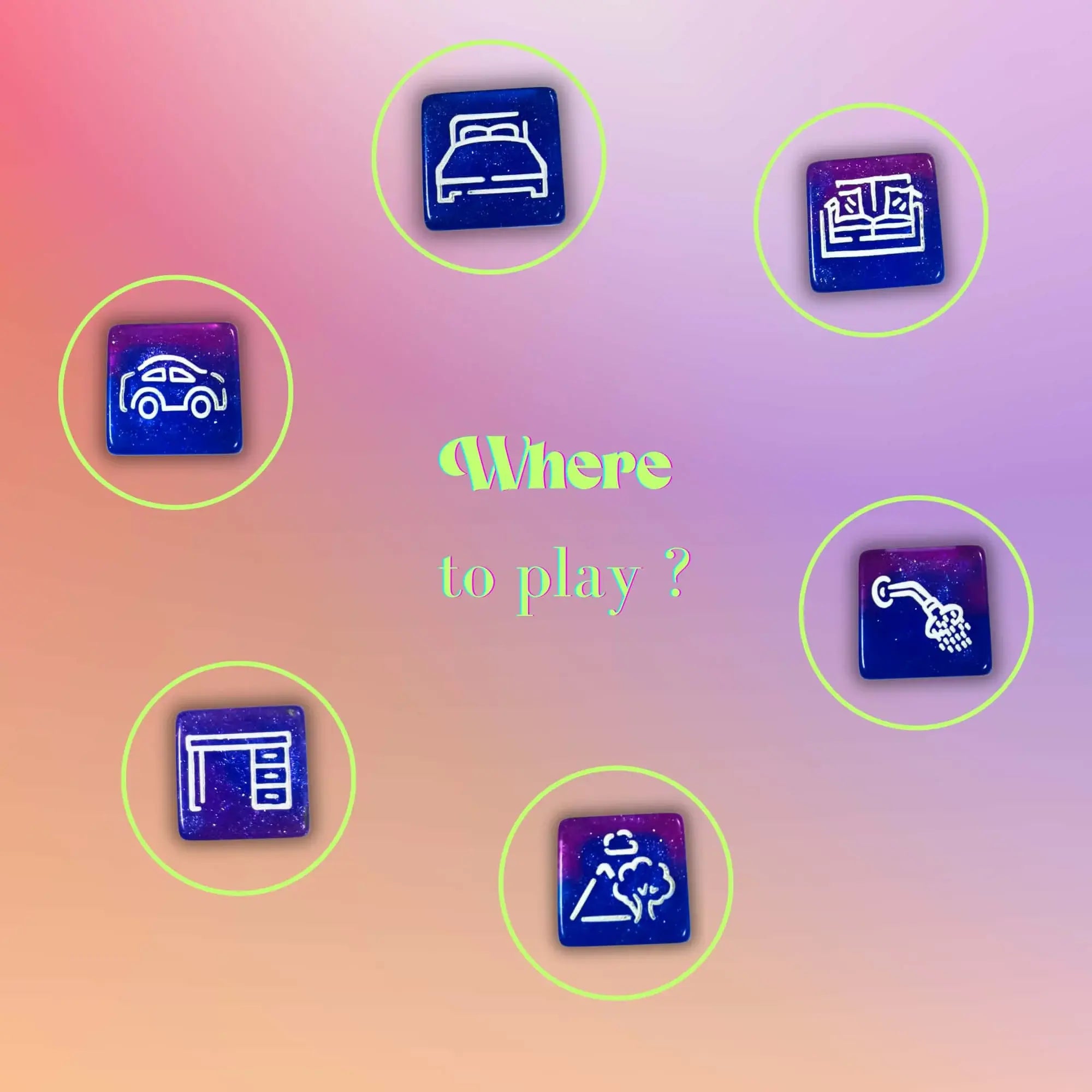 Icônes de différents lieux (lit, douche, voiture) sur les dés érotiques pour couple