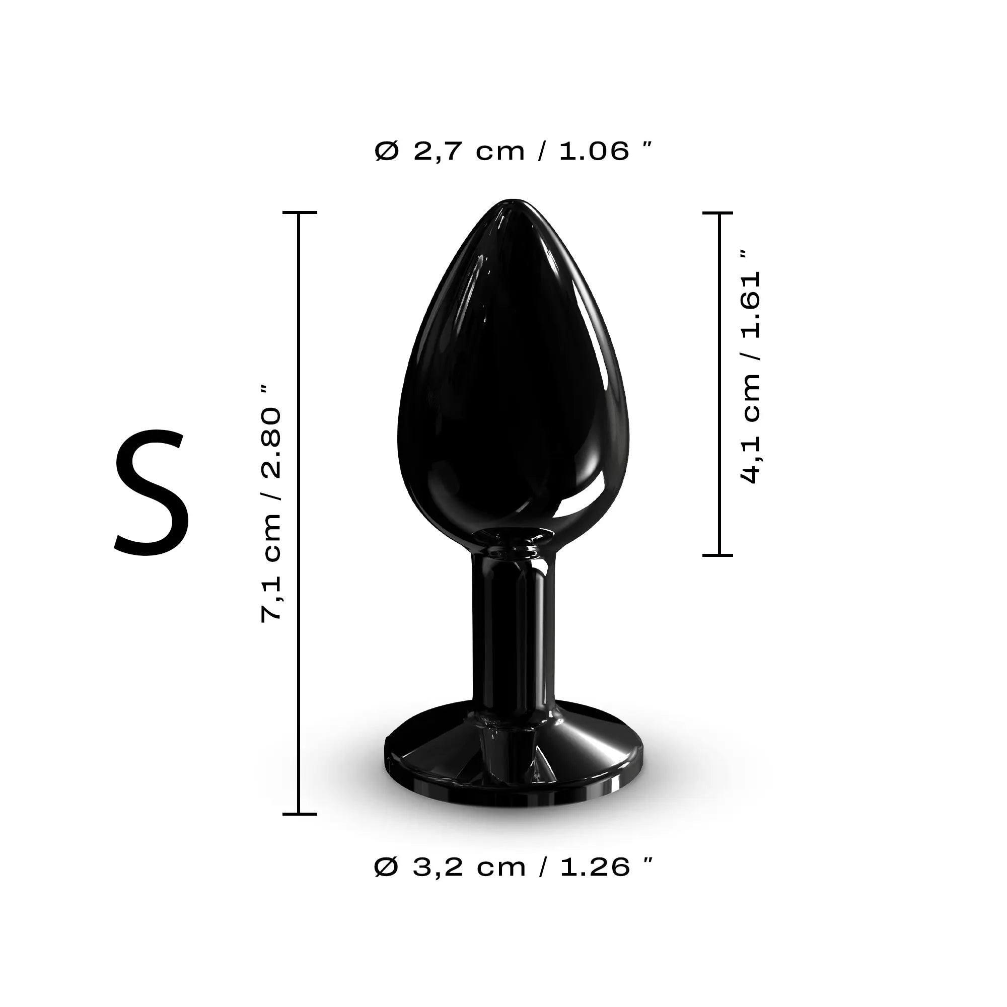 Schéma illustrant les dimensions du Diamond Plug Black en taille S, soulignant sa forme arrondie