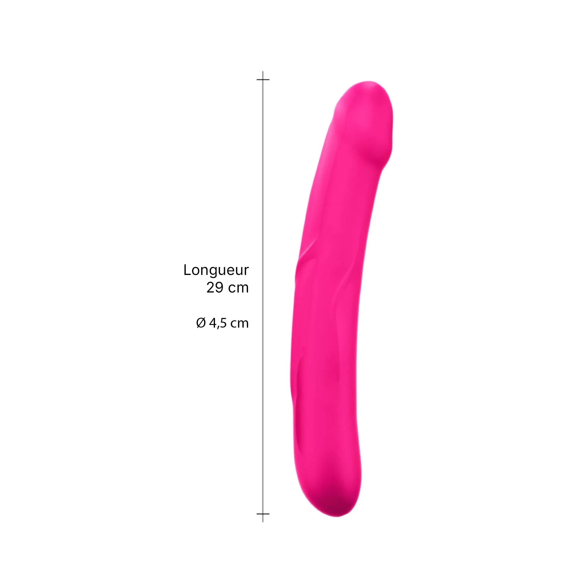 Dimensions détaillées du gode réaliste en silicone rose, mesurant 29 cm de long