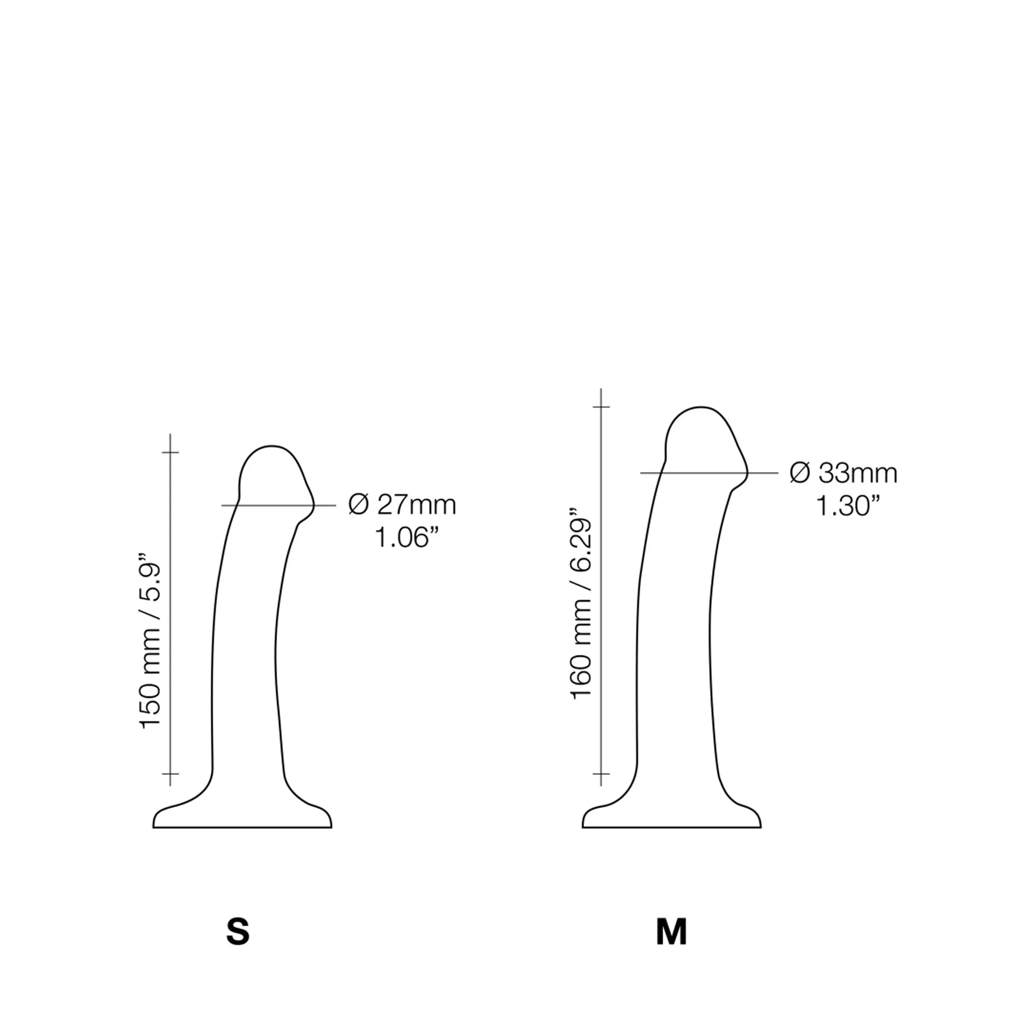 Schéma des dimensions du gode en silicone - DILDO STRAP-ON DOUBLE DENSITE en tailles S et M