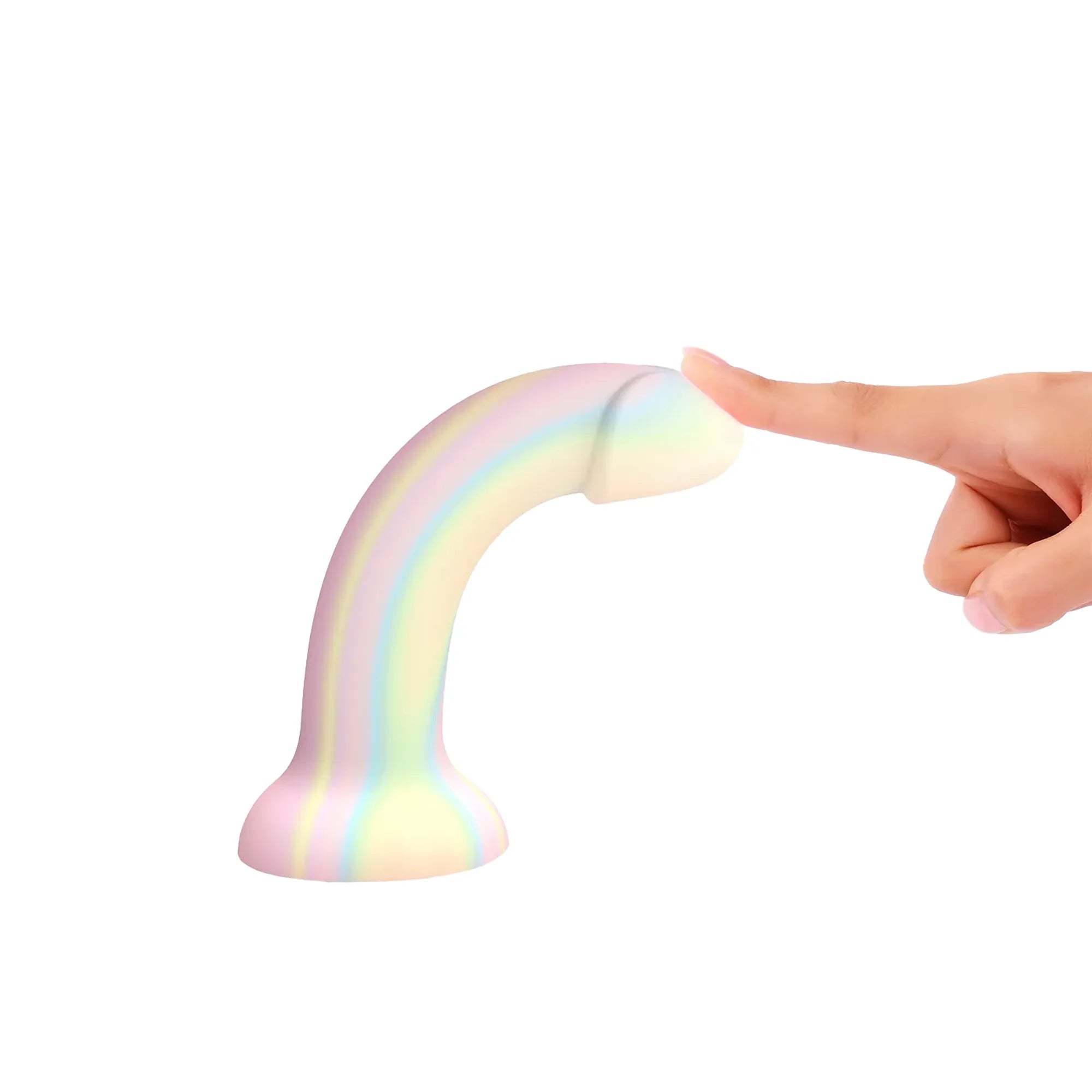 Gode design en silicone DILDOLLS effet arc-en-ciel, illustrant sa souplesse avec une pression du doigt