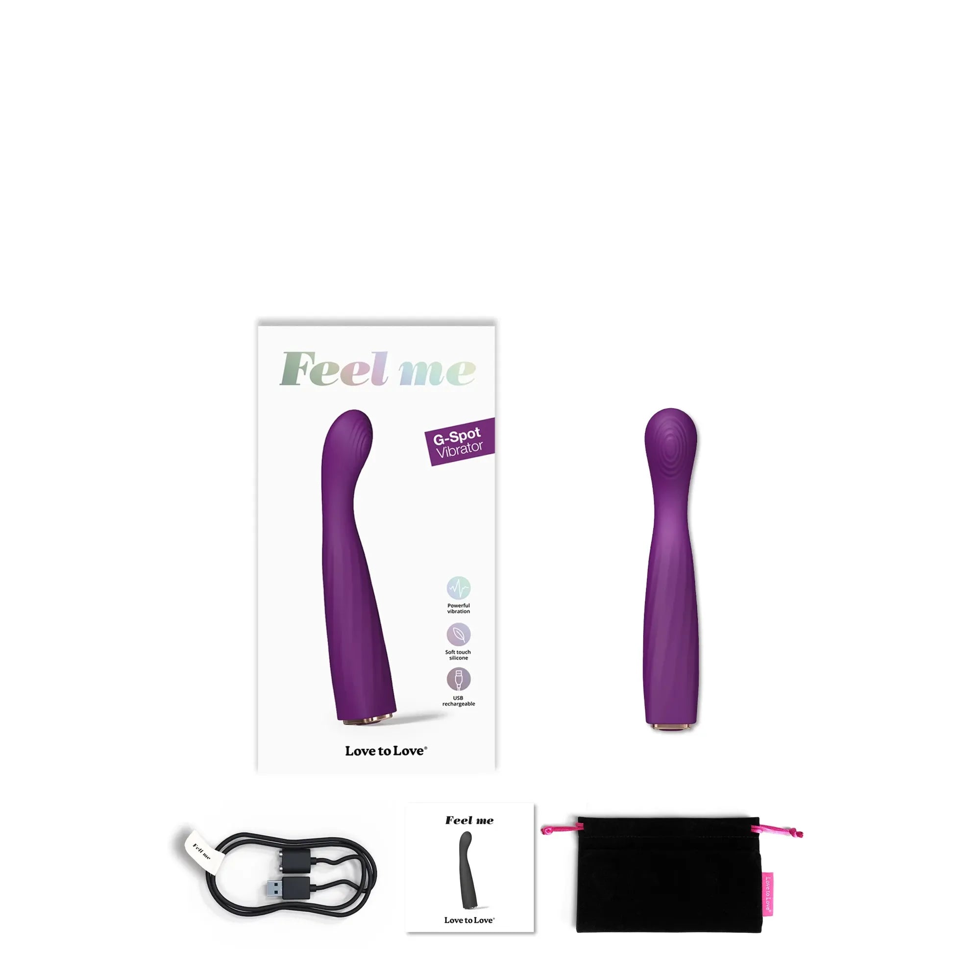 Contenu du coffret du vibromasseur Feel Me : packaging, câble USB, pochette de rangement et manuel