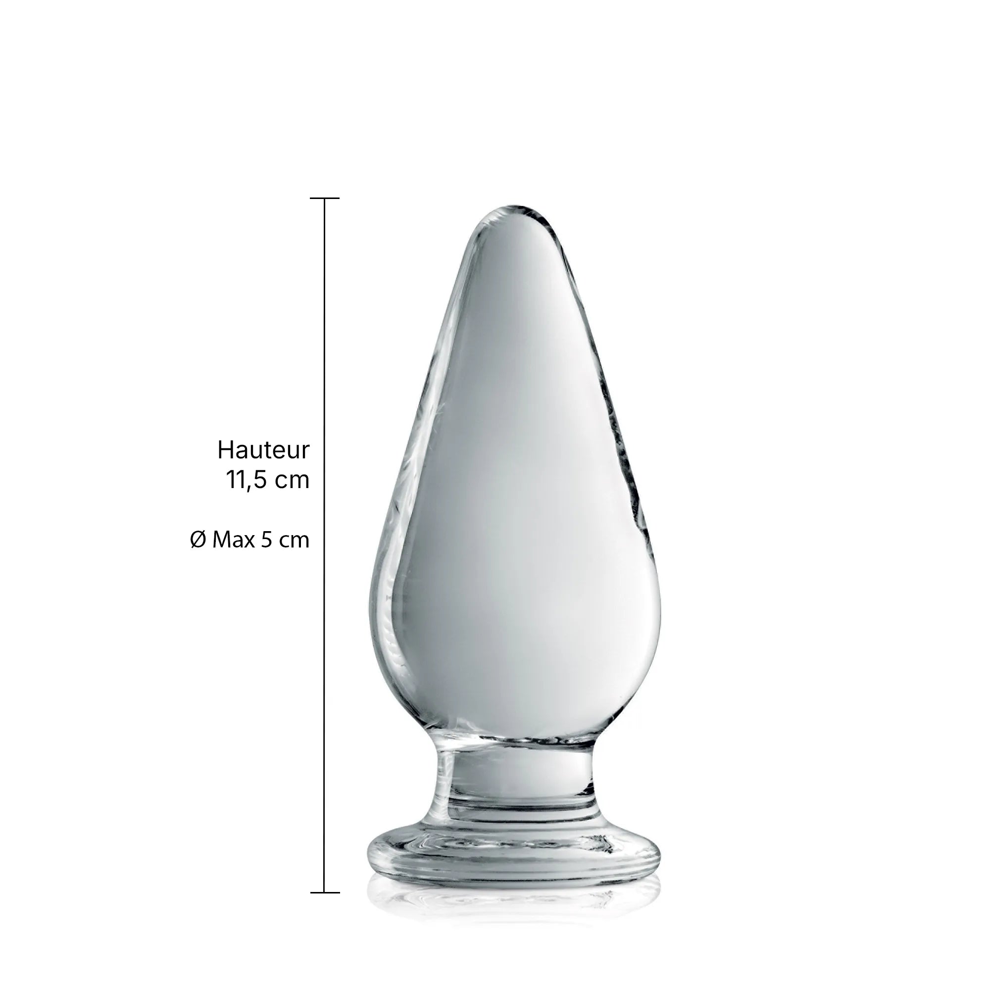 Schéma indiquant les dimensions (hauteur 115 mm et diamètre 50 mm) du plug anal en verre Glass Plug 26 Clear