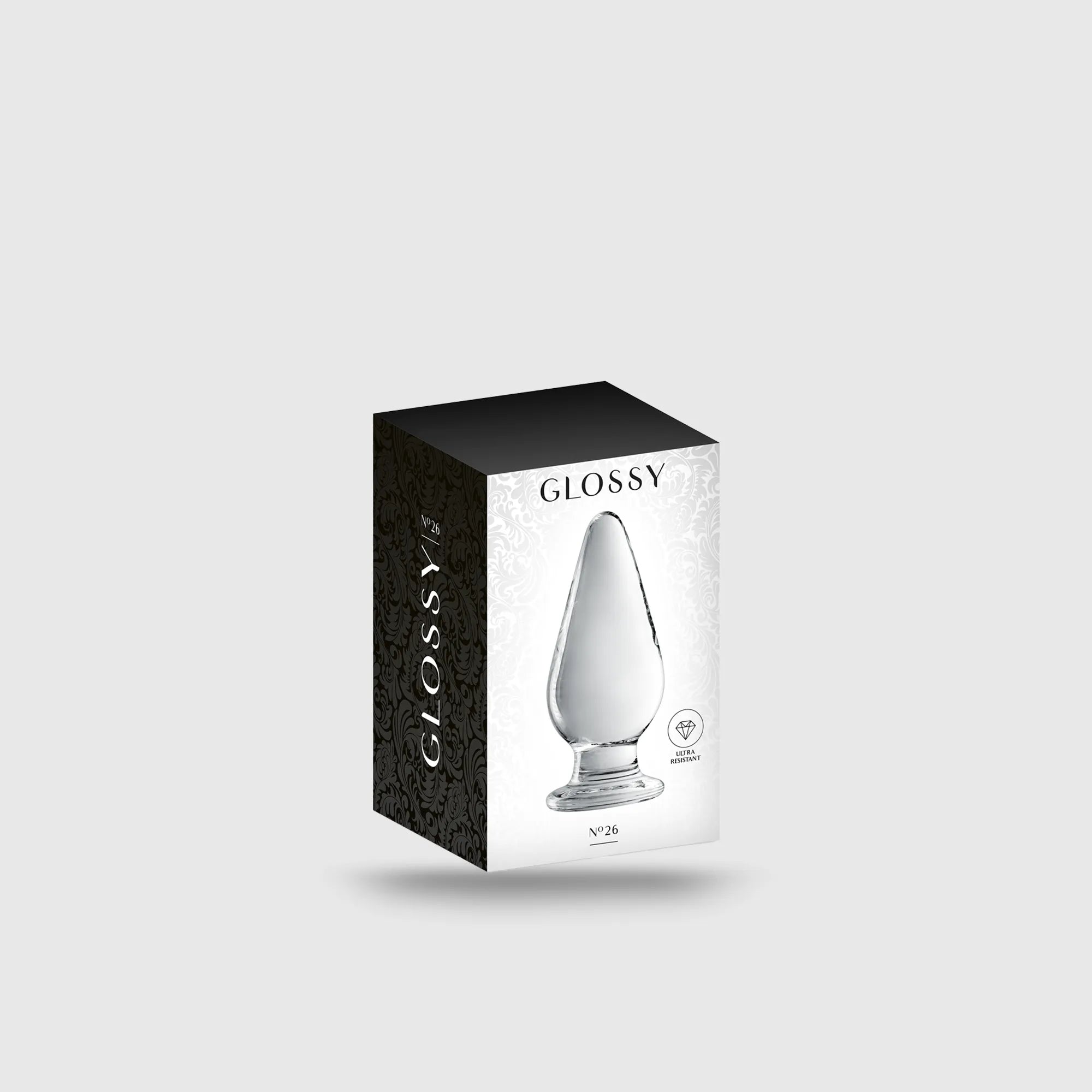 Boîte et plug anal en verre Glass Plug 26 Clear, illustrant le packaging et la finition du produit