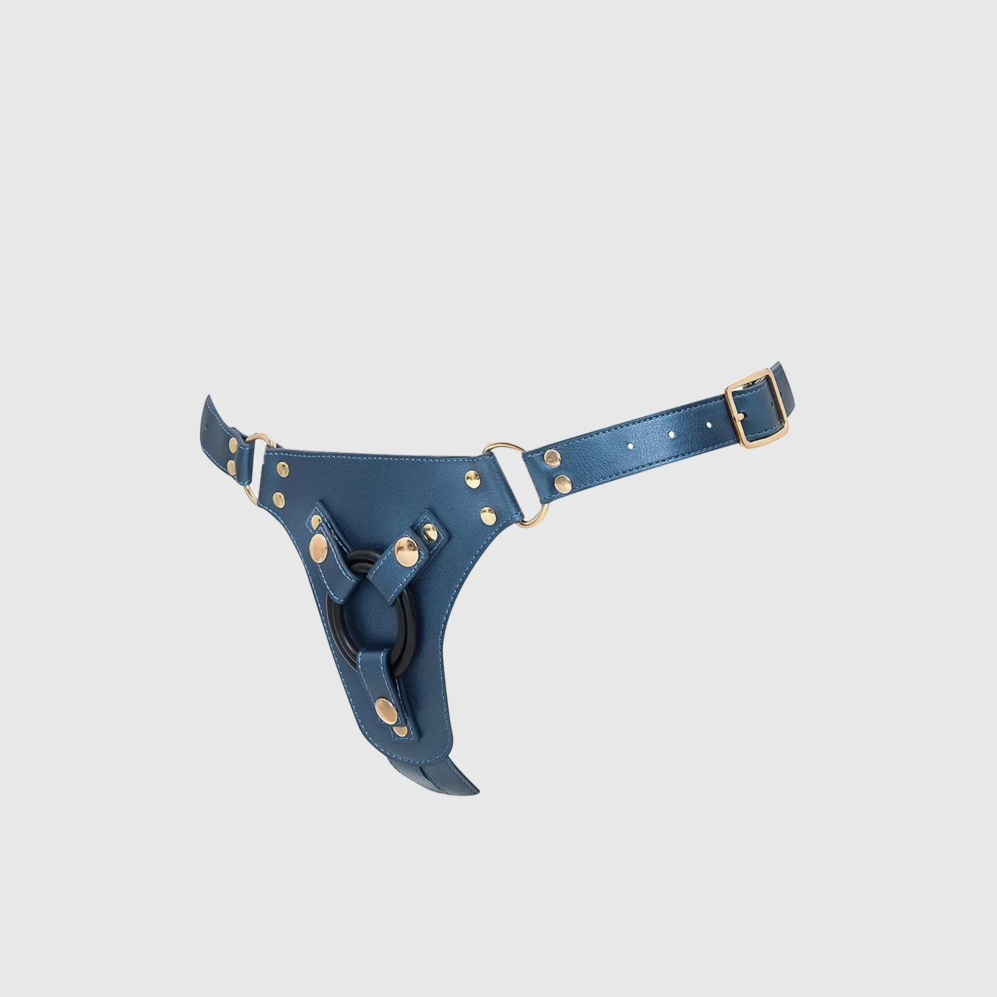 Vue latérale du harnais simple en simili cuir bleu – Strap-On-Me
