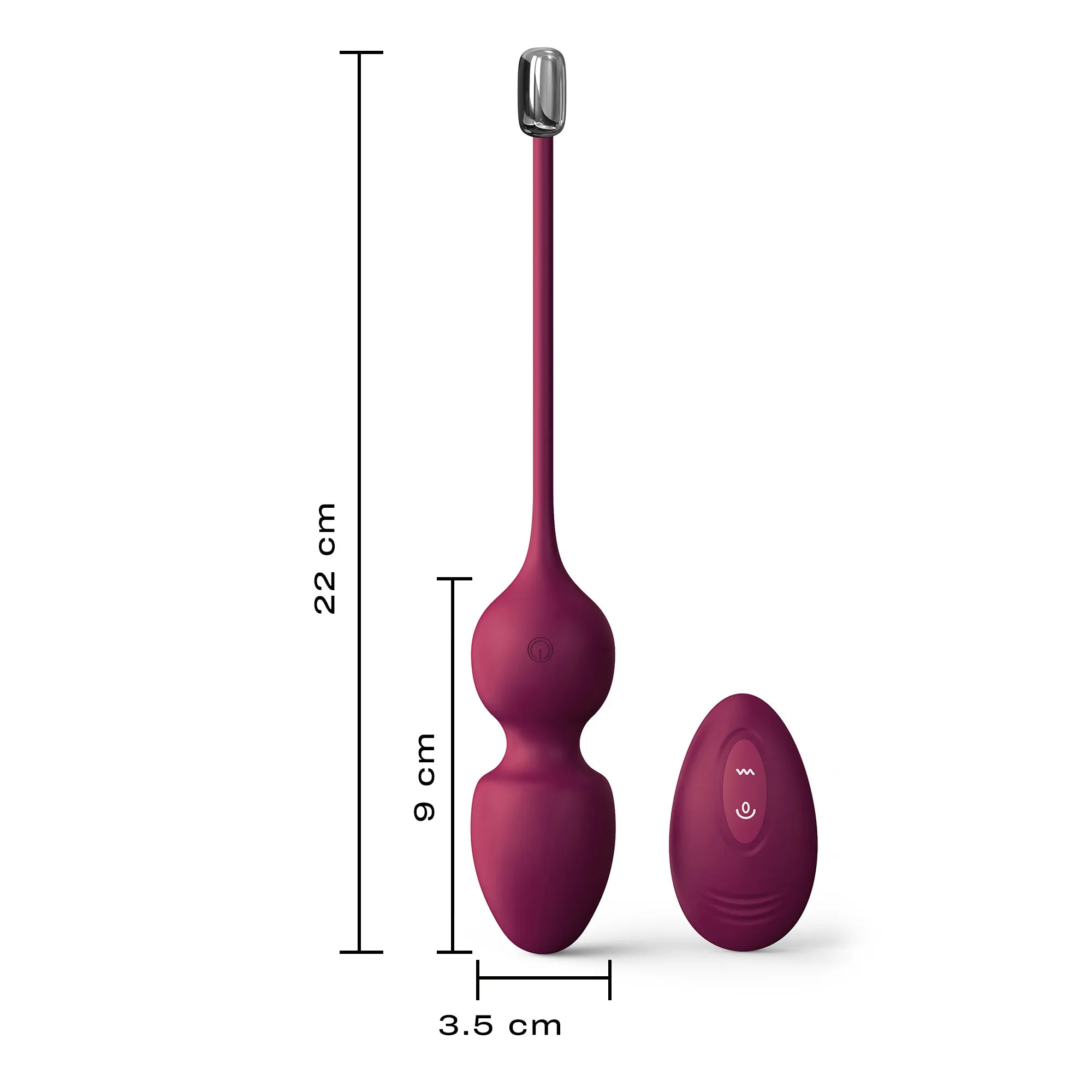 Schéma détaillant les dimensions des boules de geisha connectées Love Balls Plum, avec 9 cm insérables