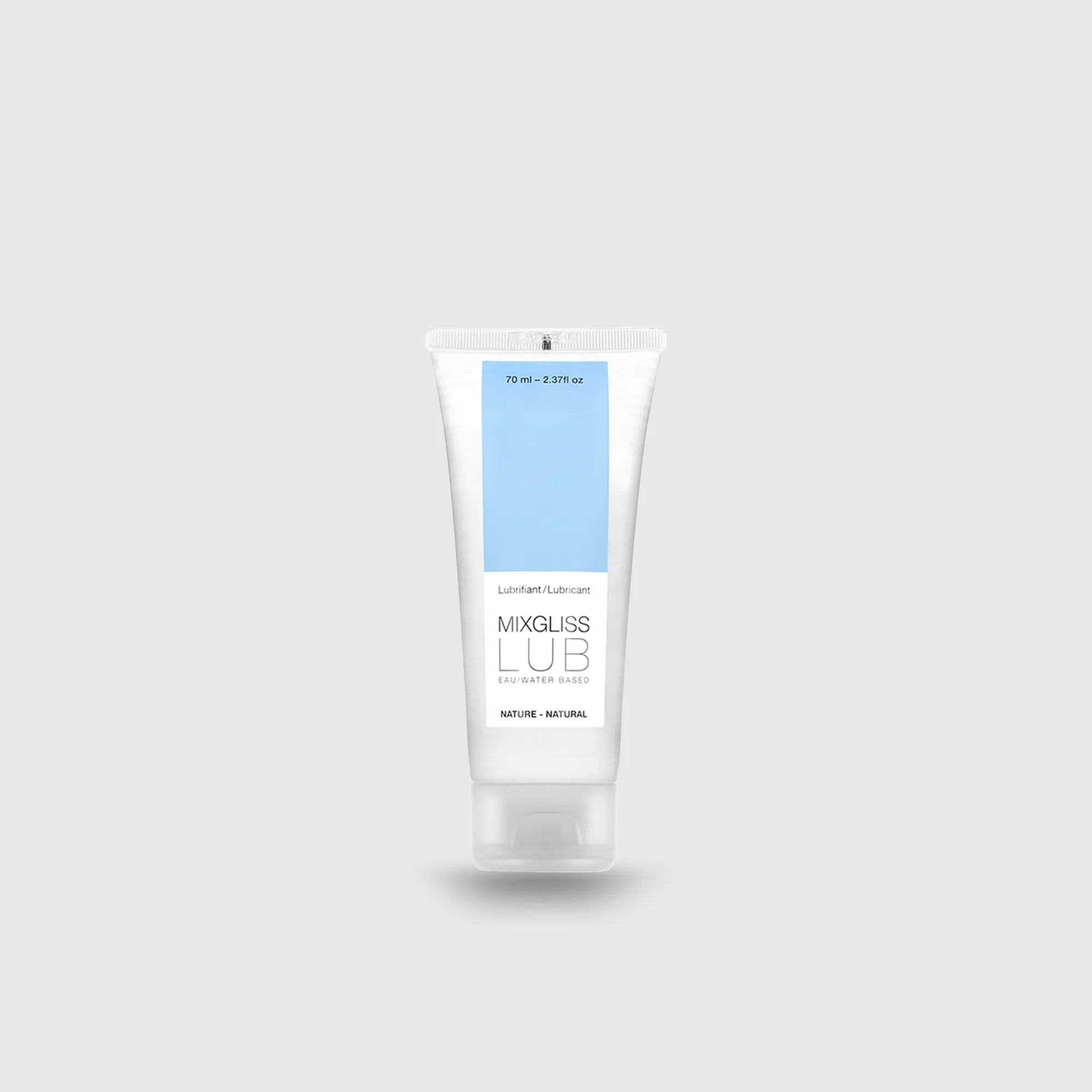 Photo produit du lubrifiant Mixgliss Lub Eau Nature, tube vertical sur fond gris clair
