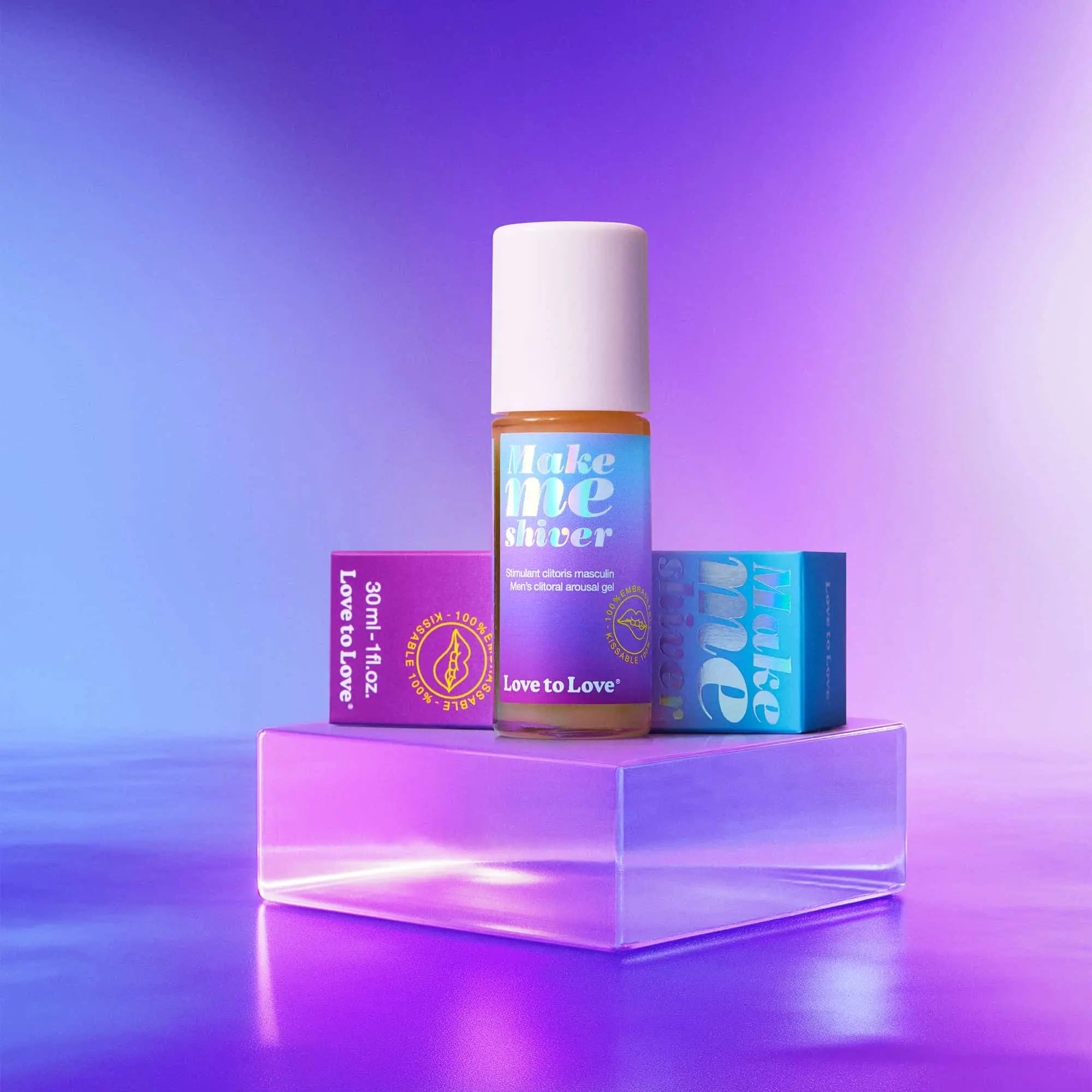 Mise en scène du gel d’excitation MAKE ME SHIVER, présentant le flacon empilé avec son