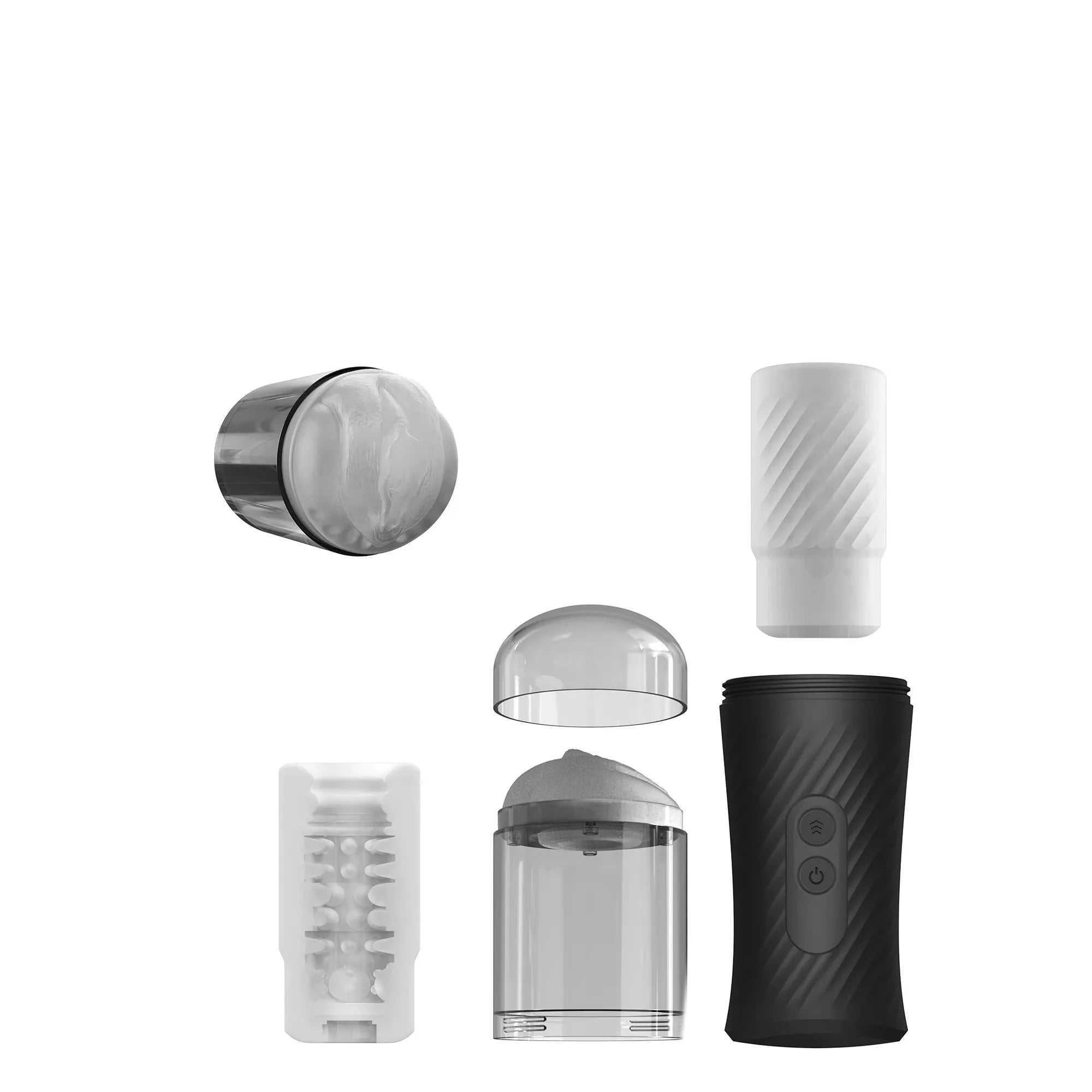 Vue éclatée du masturbateur automatique Thrust Blow, montrant ses différentes pièces démontables, y compris la gaine texturée et le capuchon de protection.