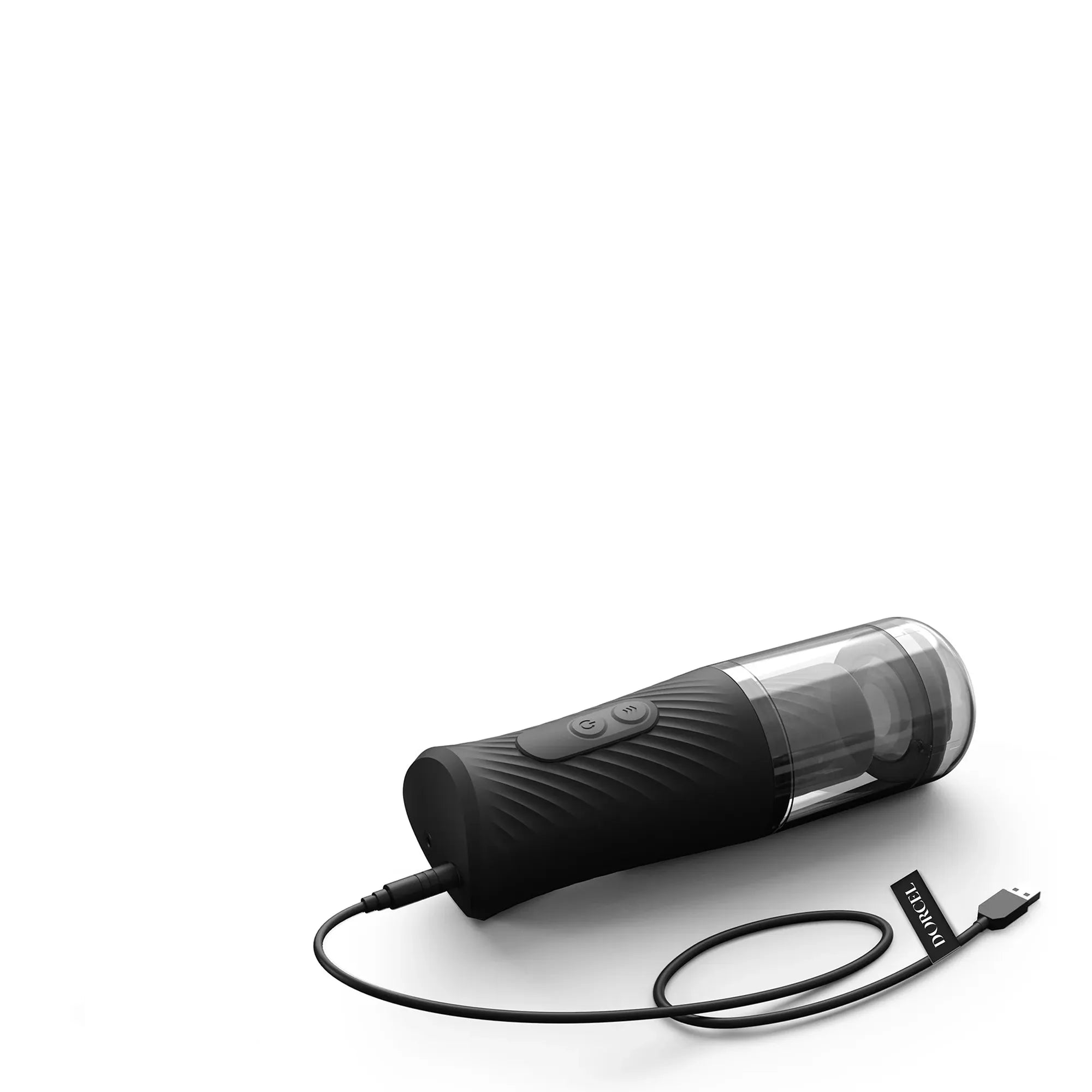 Masturbateur automatique Thrust Blow en cours de recharge via un câble USB, mettant en avant son design ergonomique et sa transparence partielle.