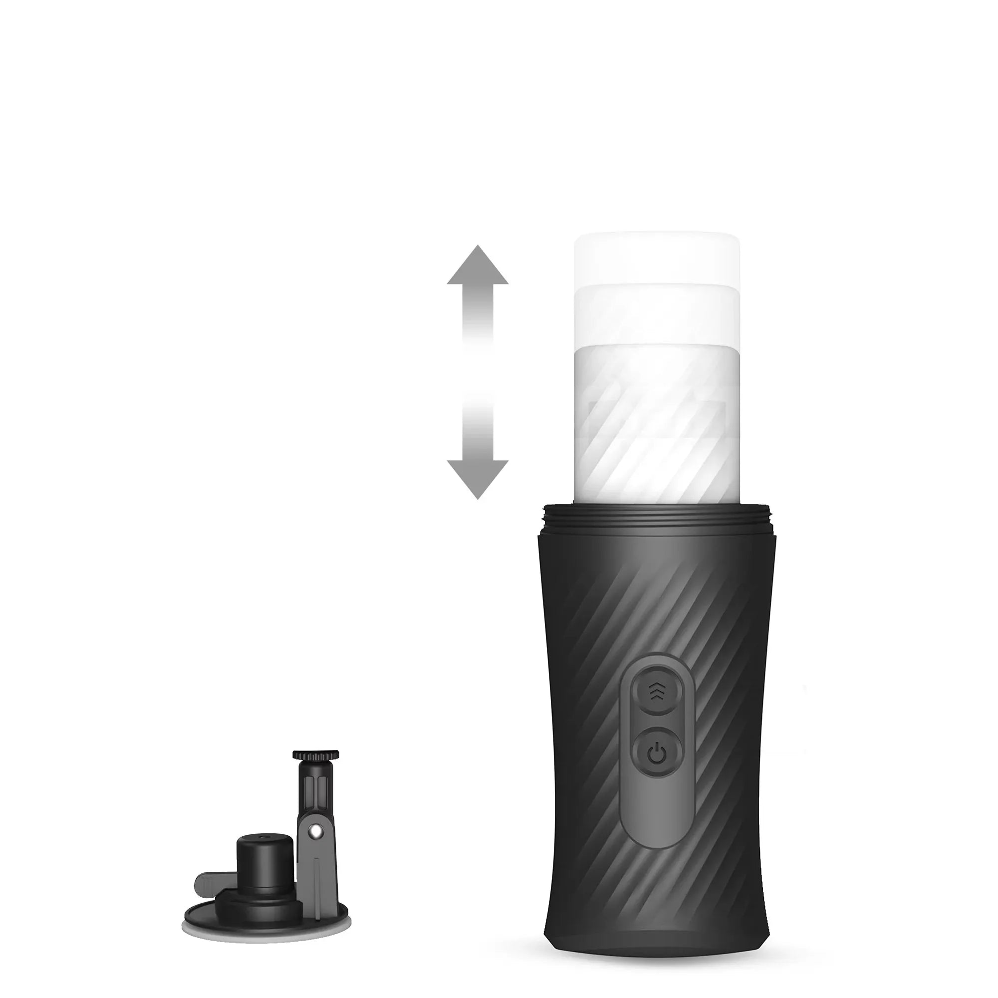 Illustration du mouvement automatique de va-et-vient du masturbateur Thrust Blow, avec sa ventouse amovible pour une utilisation mains libres.