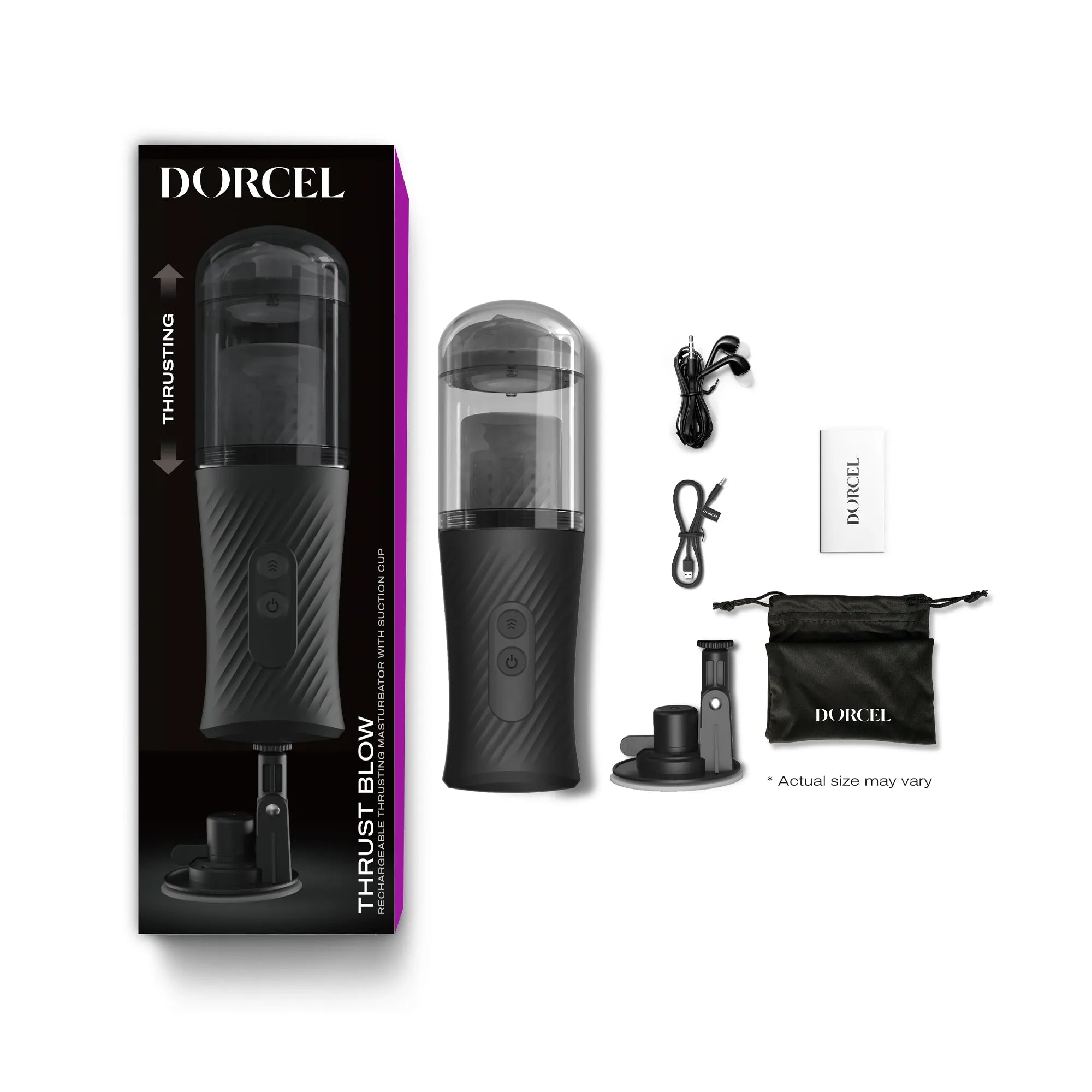 Pack complet du masturbateur Thrust Blow de Dorcel avec accessoires, incluant la ventouse, le câble de recharge, le manuel d'utilisation et la pochette de rangement.