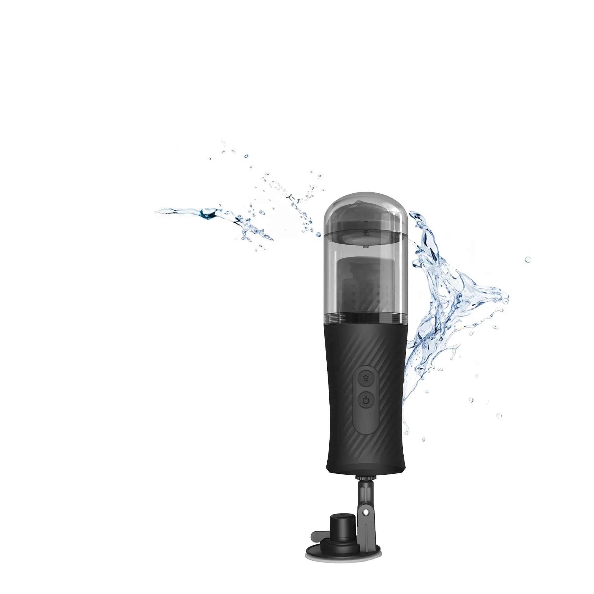Masturbateur Thrust Blow avec ventouse amovible, présenté avec un effet d'éclaboussure pour illustrer son caractère waterproof.