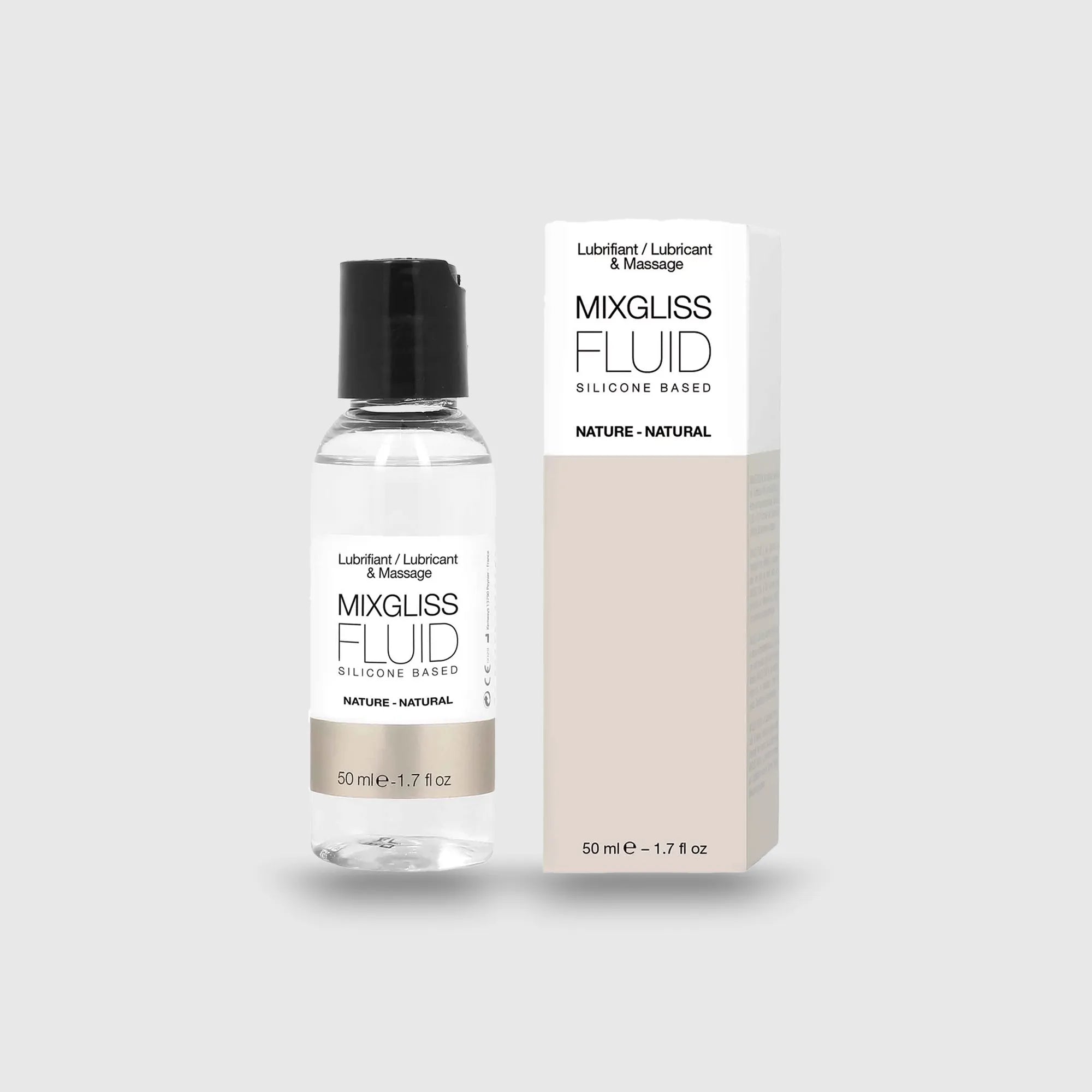 Lubrifiant à base de silicone Mixgliss Fluid 50 mL – senteur nature avec packaging beige