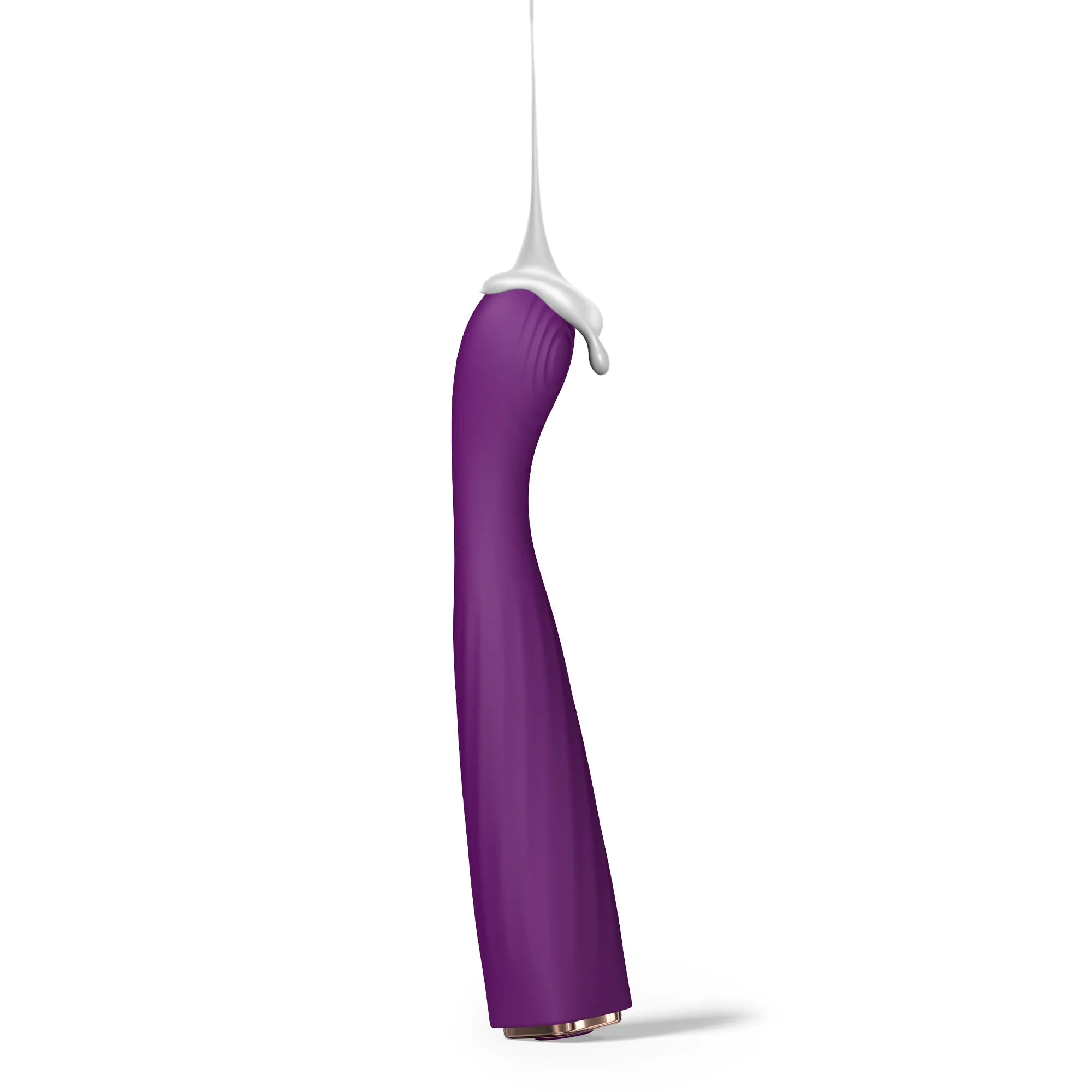 Vibromasseur Feel Me en silicone violet avec lubrifiant appliqué sur la tête incurvée