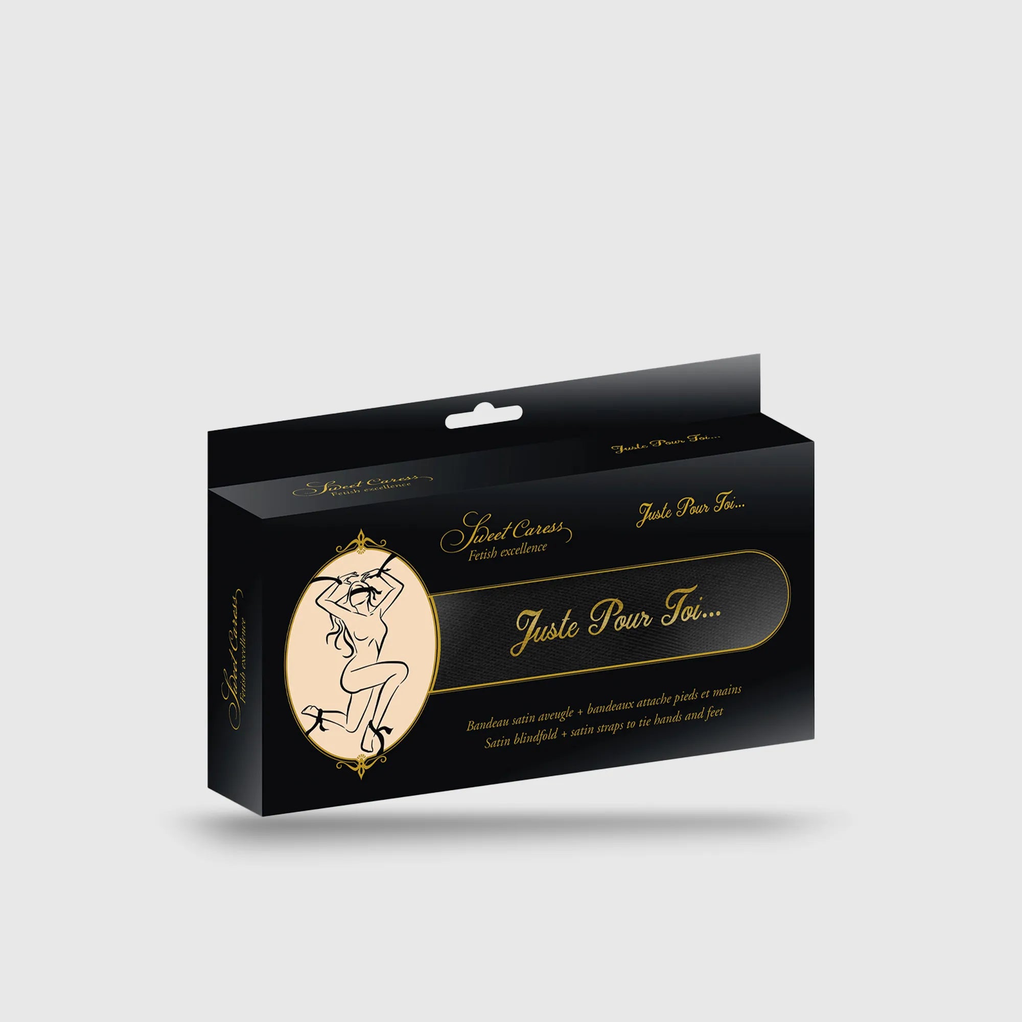 Boîte du pack de bandeaux satin noirs "Juste Pour Toi" pour jeux érotiques et BDSM.