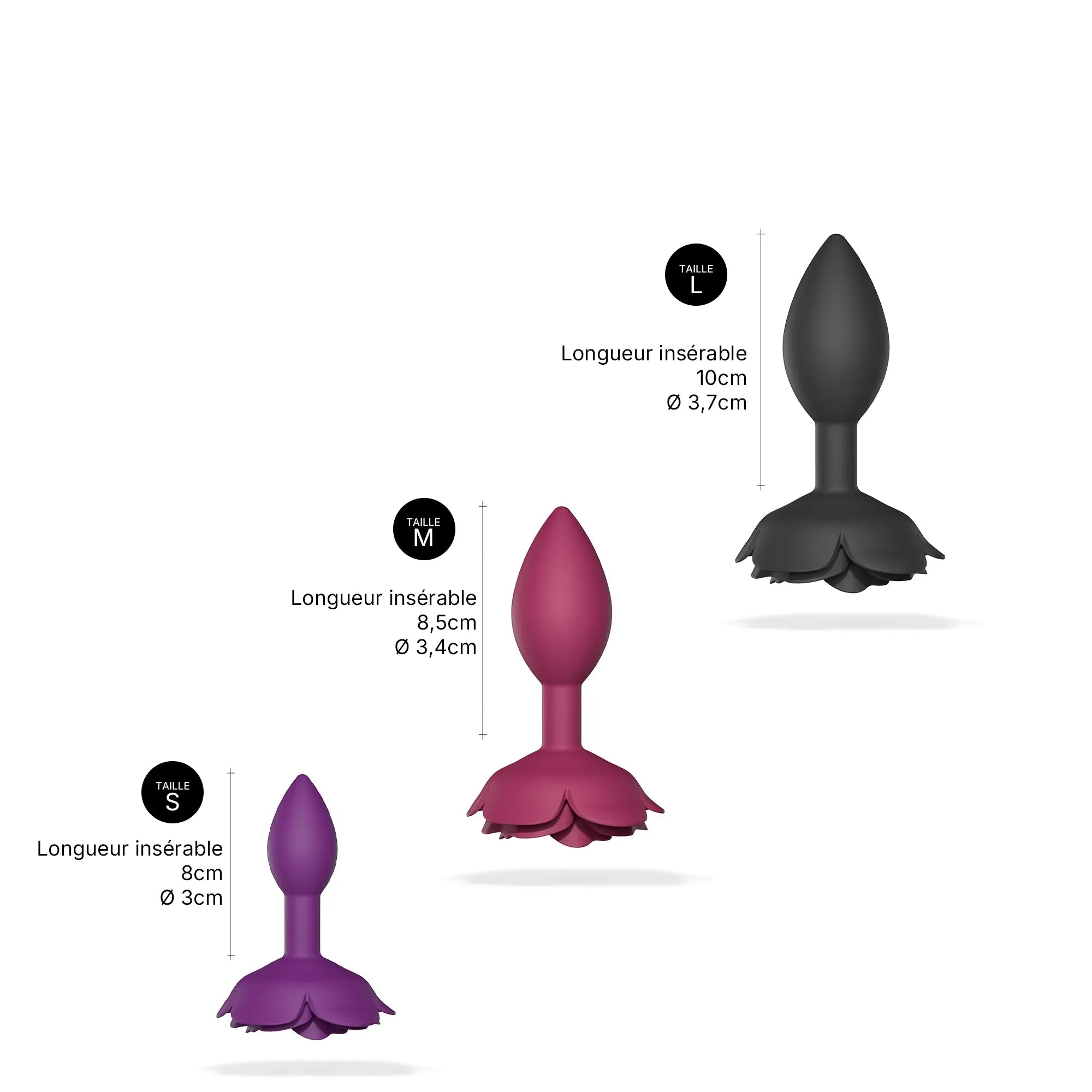 Trois plugs anaux en silicone Open Roses de tailles S, M et L, avec base en forme de rose et couleurs prune, rose foncé et noire