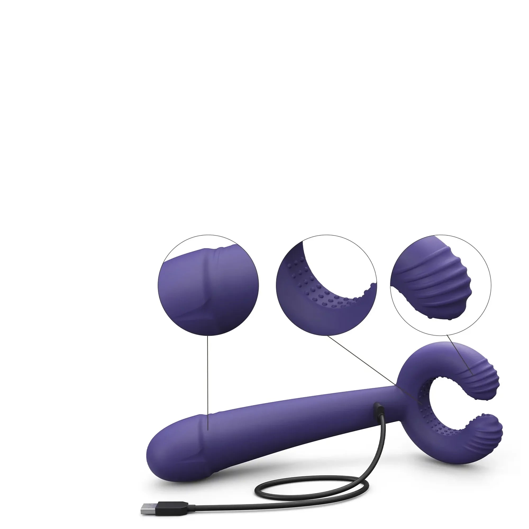 Gros plan sur le stimulateur Please Me Midnight Indigo, mettant en évidence ses textures variées et son câble de recharge USB.