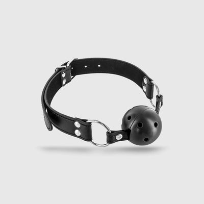 Bâillon à boule percée en cuir noir avec sangle réglable – Accessoire BDSM