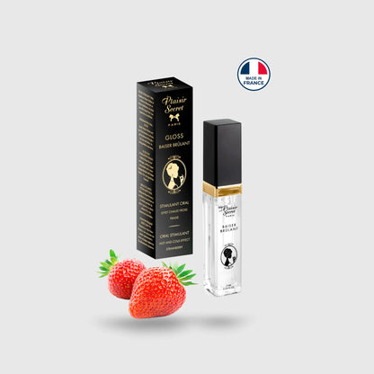 Présentation du gloss Baiser Brûlant et de son arôme fraise, mettant en avant son packaging noir et or