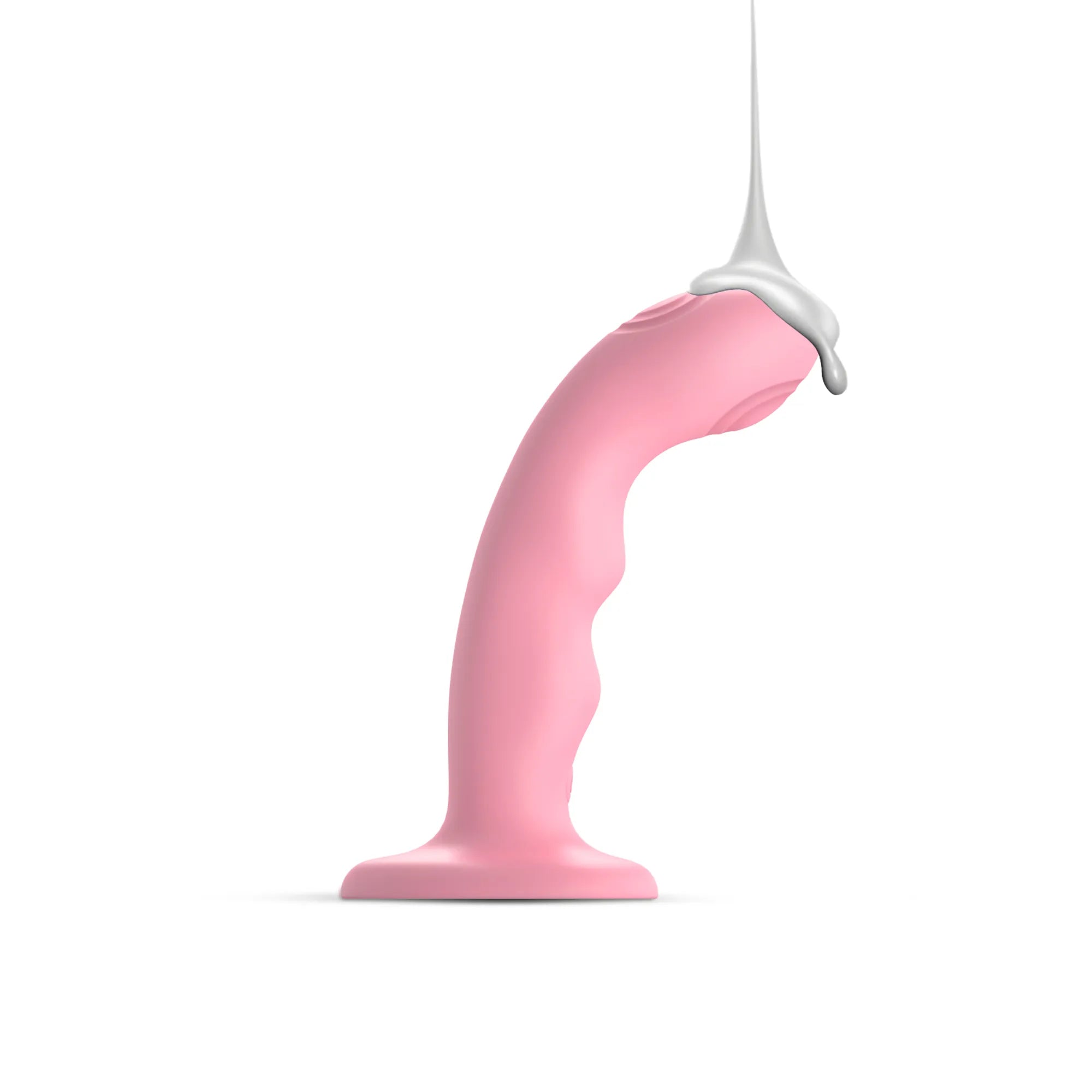 Dildo vibrant rose avec effet lubrifié coulant sur l’extrémité pour illustrer son usage.