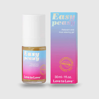 Flacon et emballage du gel relaxant anal EASY PEASY, illustrant le format pratique et la finition colorée