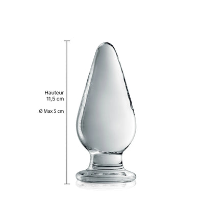 Schéma indiquant les dimensions (hauteur 115 mm et diamètre 50 mm) du plug anal en verre Glass Plug 26 Clear