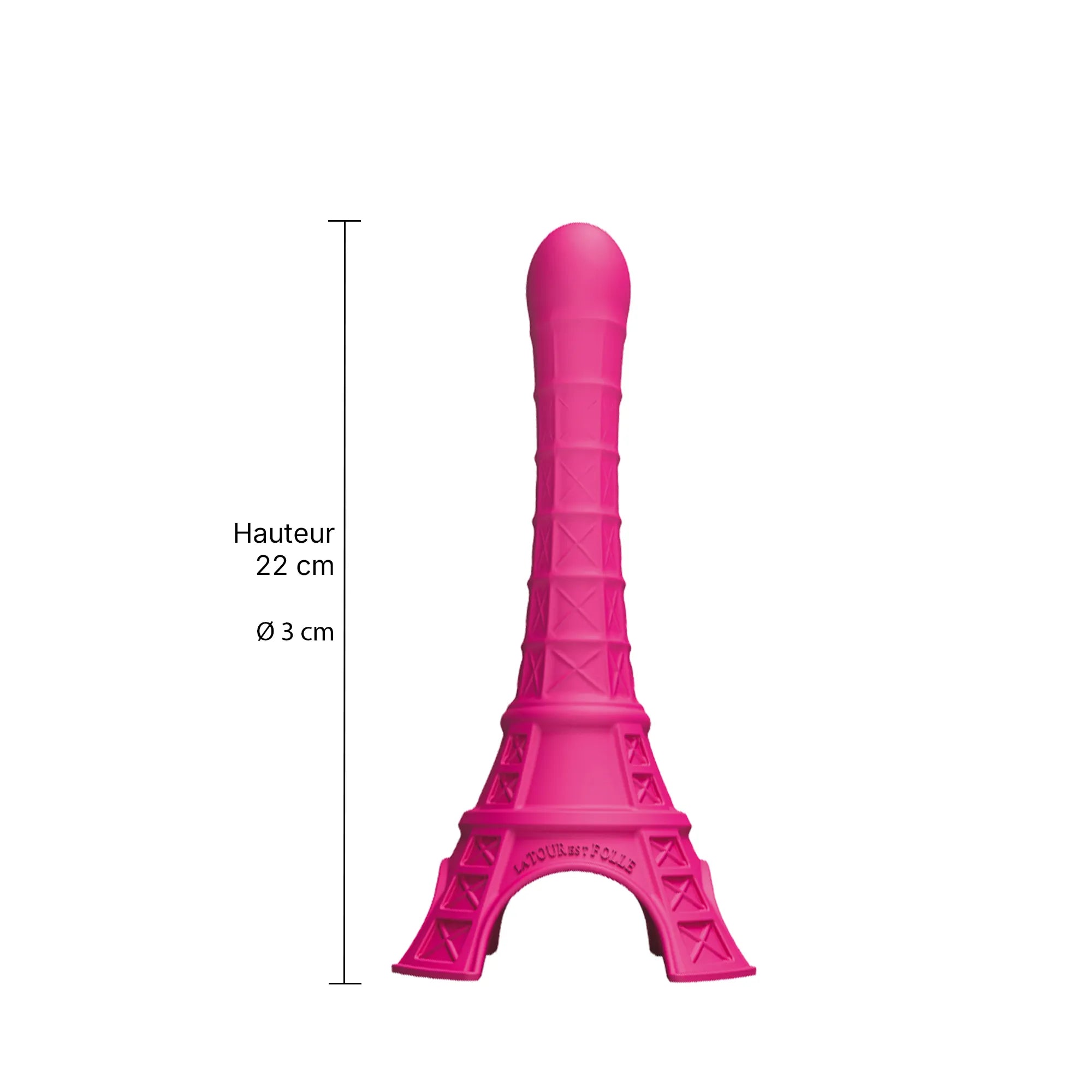 Schéma présentant les dimensions du godemichet original La Tour est Folle, avec une hauteur de 21 cm