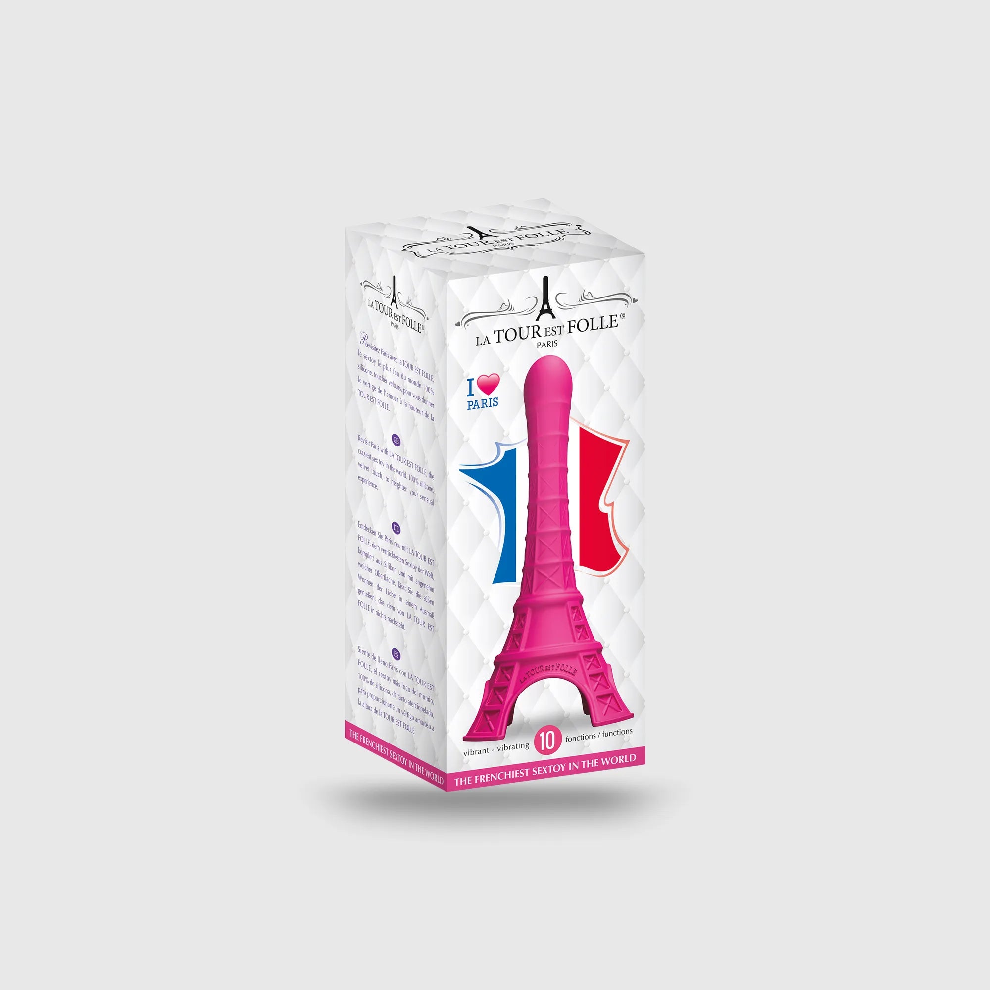 Boîte du gode fantaisie La Tour est Folle, illustrant le packaging rose et blanc