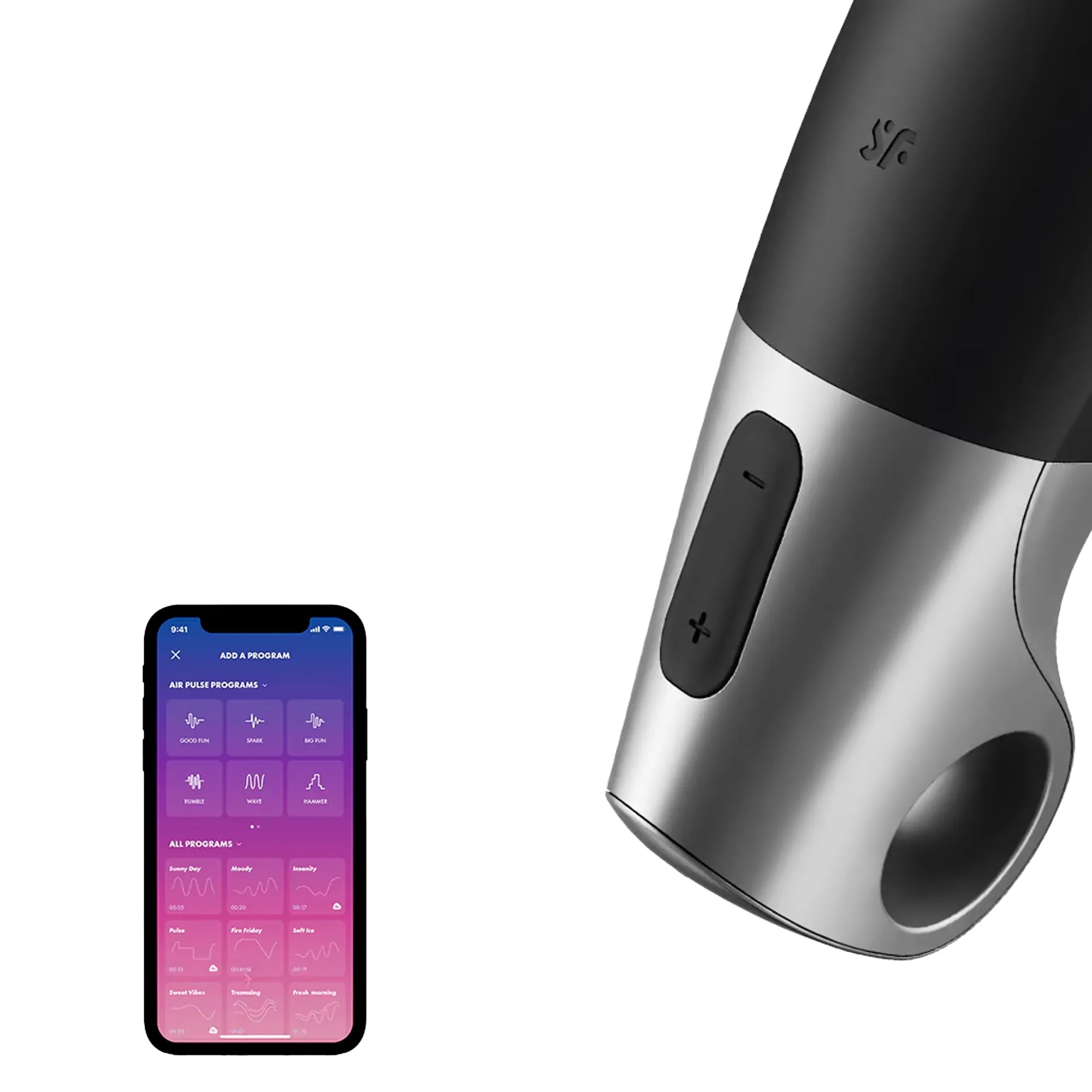 Gros plan sur le masturbateur connecté Satisfyer Power Masturbator avec smartphone affichant l'application Satisfyer Connect