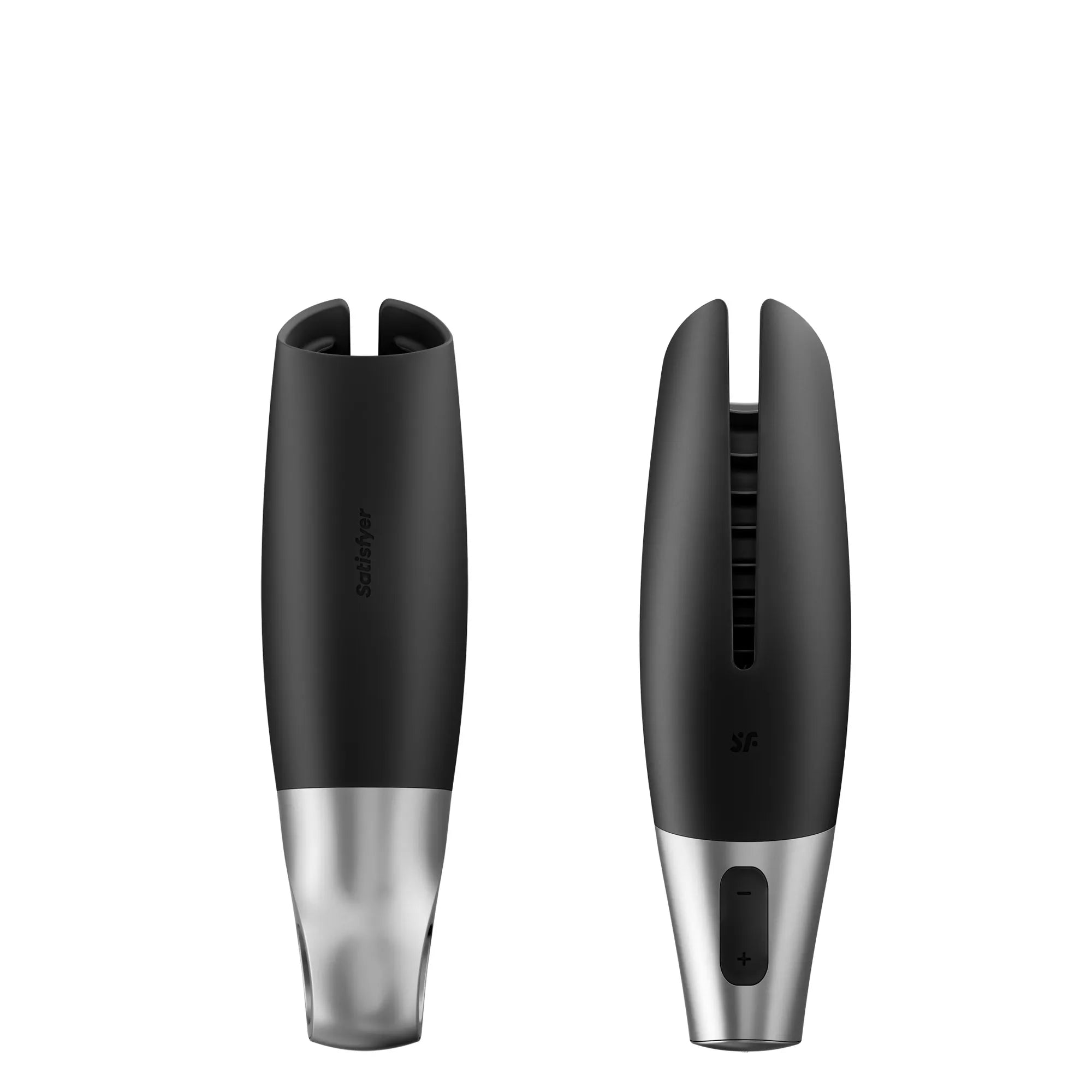 Vue avant et arrière du masturbateur connecté Satisfyer Power Masturbator en noir et argent