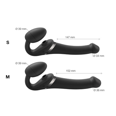 Schéma comparant les tailles S et M du strap-on connecté Multi Orgasm, avec leurs dimensions respectives