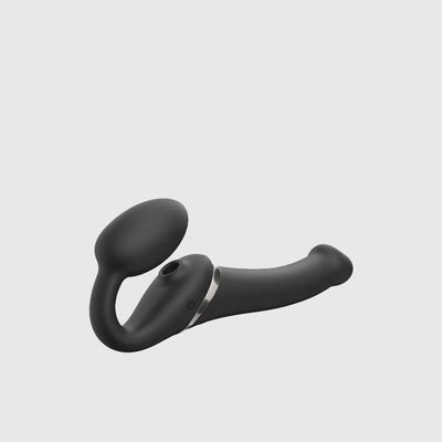 Vue latérale du strap-on connecté Multi Orgasm, en coloris noir, montrant sa forme incurvée