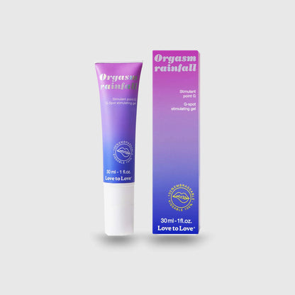 Tube et emballage du gel stimulant ORGASM RAINFALL, montrant son format pratique et sa couleur violette