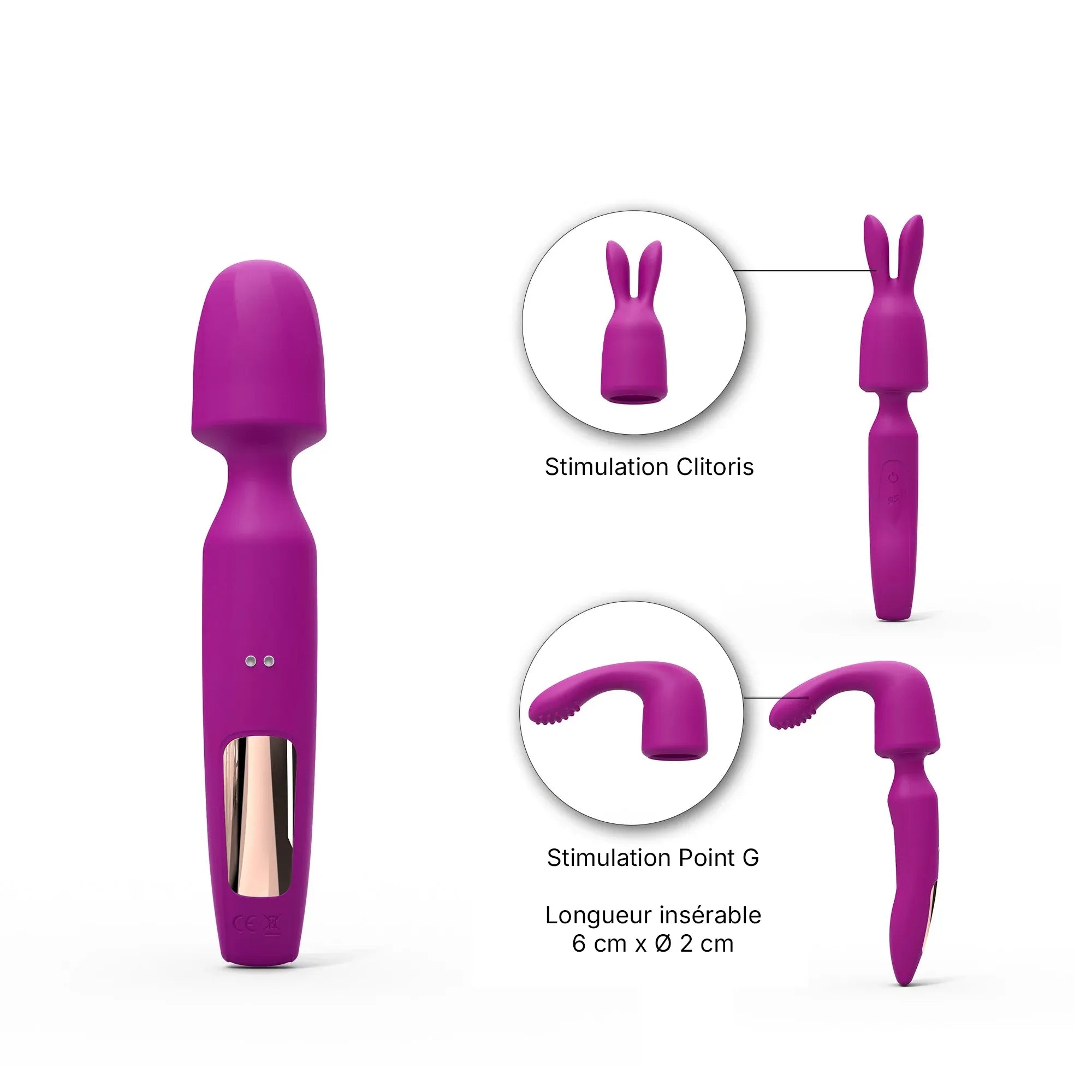 Présentation des embouts interchangeables du R-Evolution Wand 3 en 1, conçus pour la stimulation du clitoris et du point G.