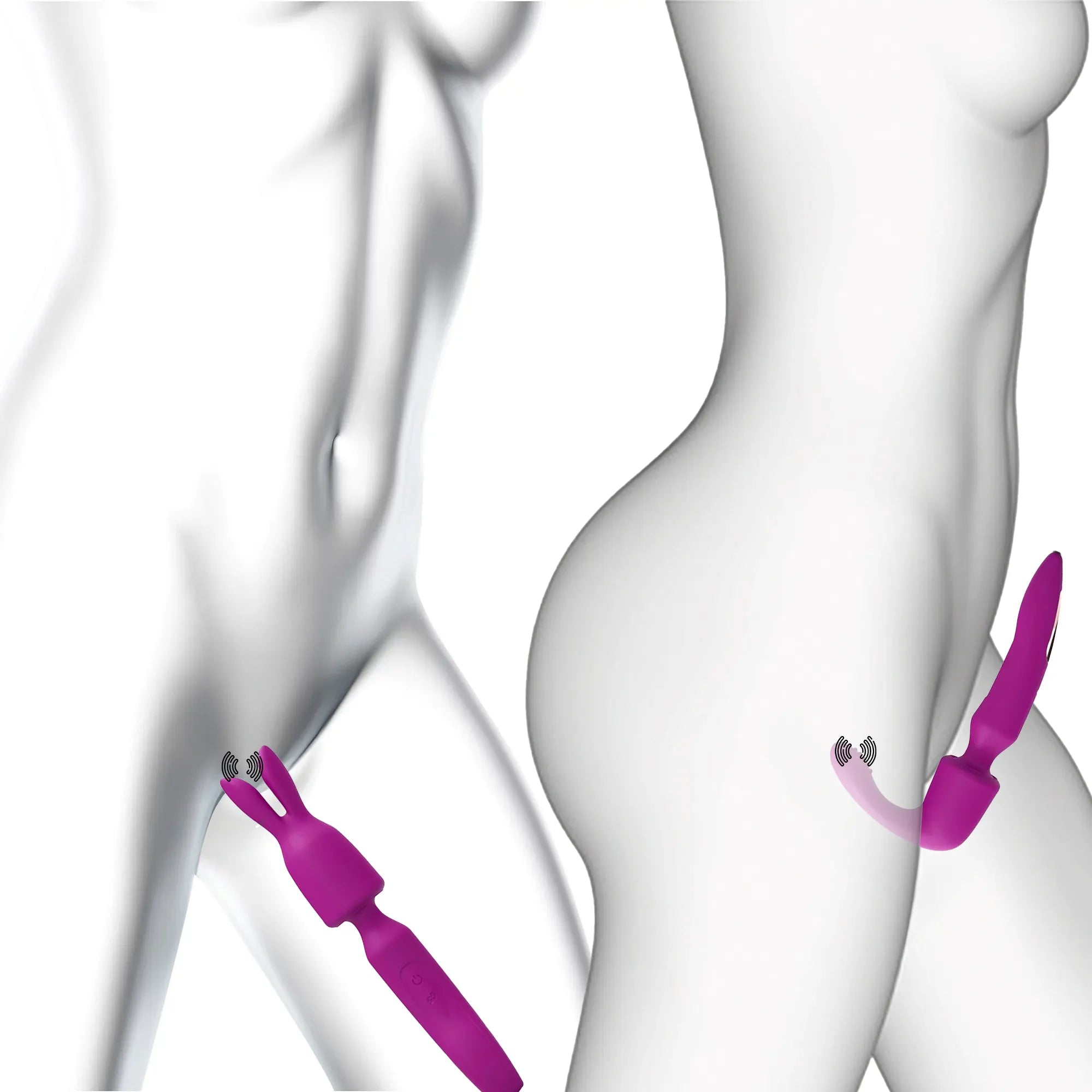 Illustration des différentes utilisations du R-Evolution Wand 3 en 1, avec stimulation clitoridienne et stimulation par vibrations ciblées.