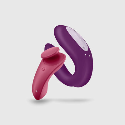Vue globale des deux jouets du coffret Satisfyer Partner Box 1, présentant un stimulateur clitoris et un vibromasseur couple
