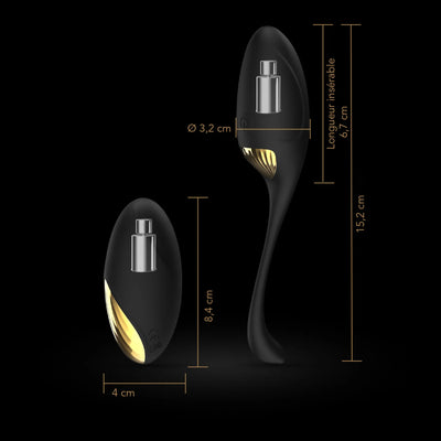 Dimensions détaillées de l’œuf vibrant SECRET ORGASM et de sa télécommande, présentant leur taille et leur silhouettev