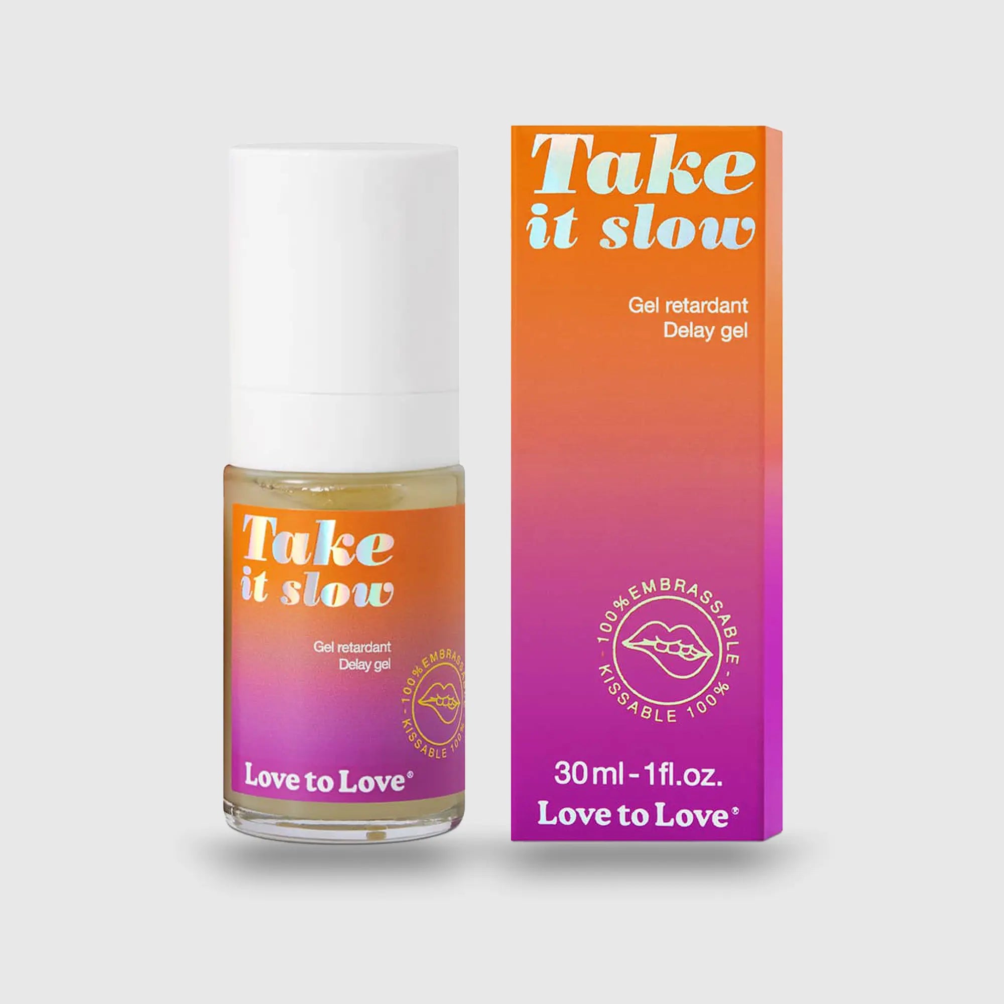 Vue du flacon TAKE IT SLOW et de sa boîte, illustrant le format compact et la couleur pastel