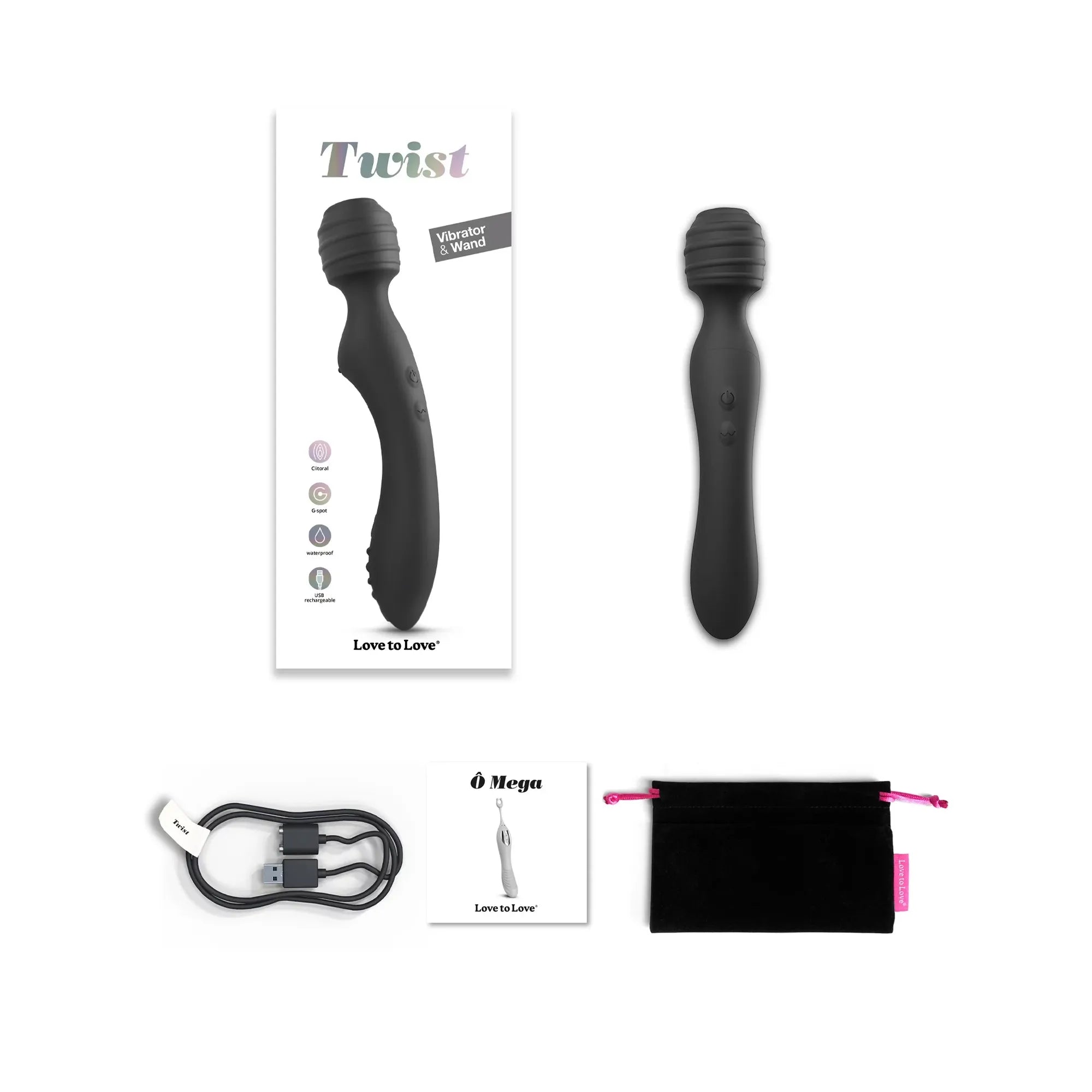 Contenu du coffret TWIST - BLACK ONYX comprenant le vibromasseur, son câble de recharge, une pochette de rangement et un manuel d'utilisation