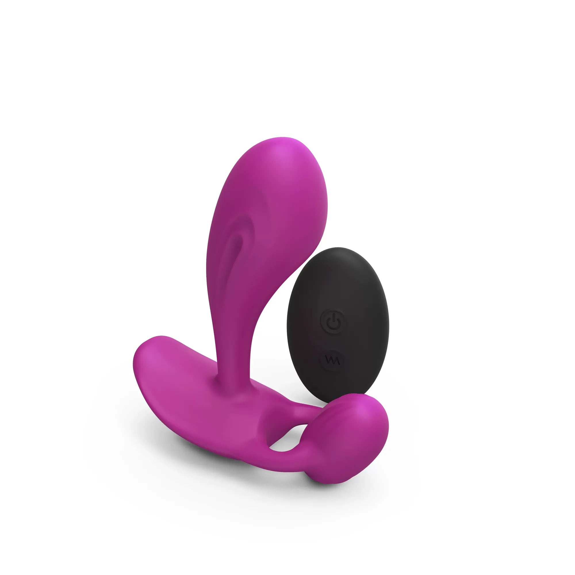 Vibromasseur double stimulation WITTY en silicone, accompagné de sa télécommande sans fil pour un contrôle à distance et une personnalisation des vibrations sur le point G et le clitoris.