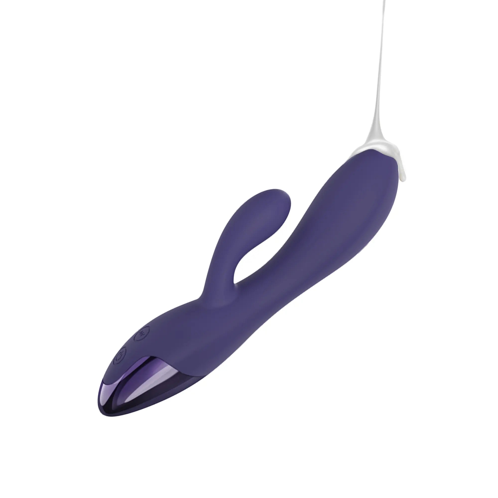 Vibromasseur rabbit flexible double stimulation Funky Bunny en silicone violet foncé, recouvert de lubrifiant, illustrant son étanchéité et sa texture douce.