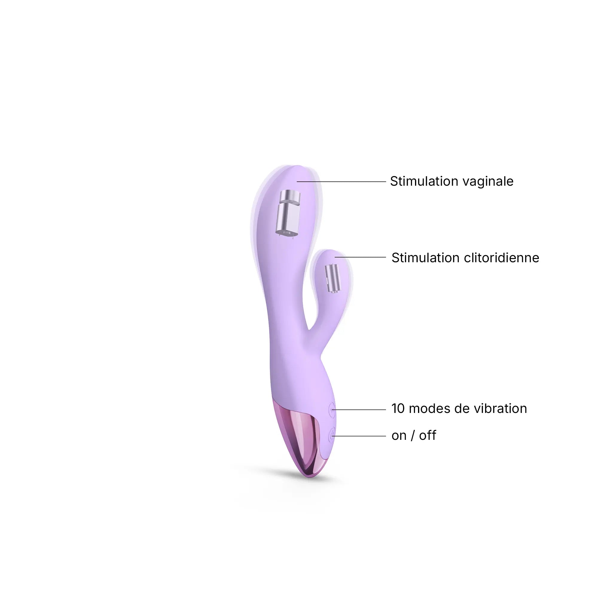 Schéma du vibromasseur rabbit flexible double stimulation Funky Bunny montrant les moteurs internes pour la stimulation vaginale et clitoridienne.