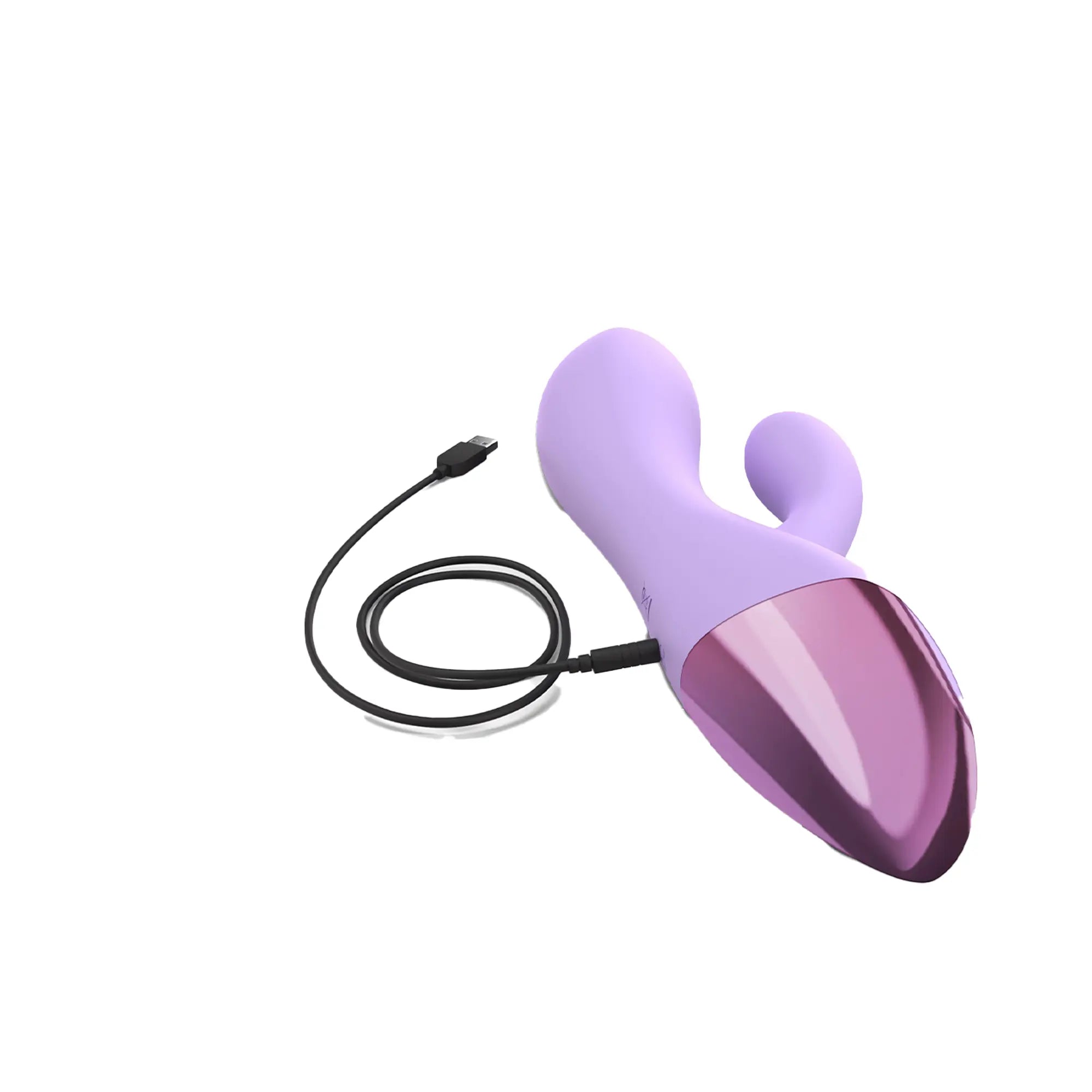 Vibromasseur rabbit flexible double stimulation Funky Bunny en silicone mauve, branché à son câble USB pour illustrer sa recharge rapide.