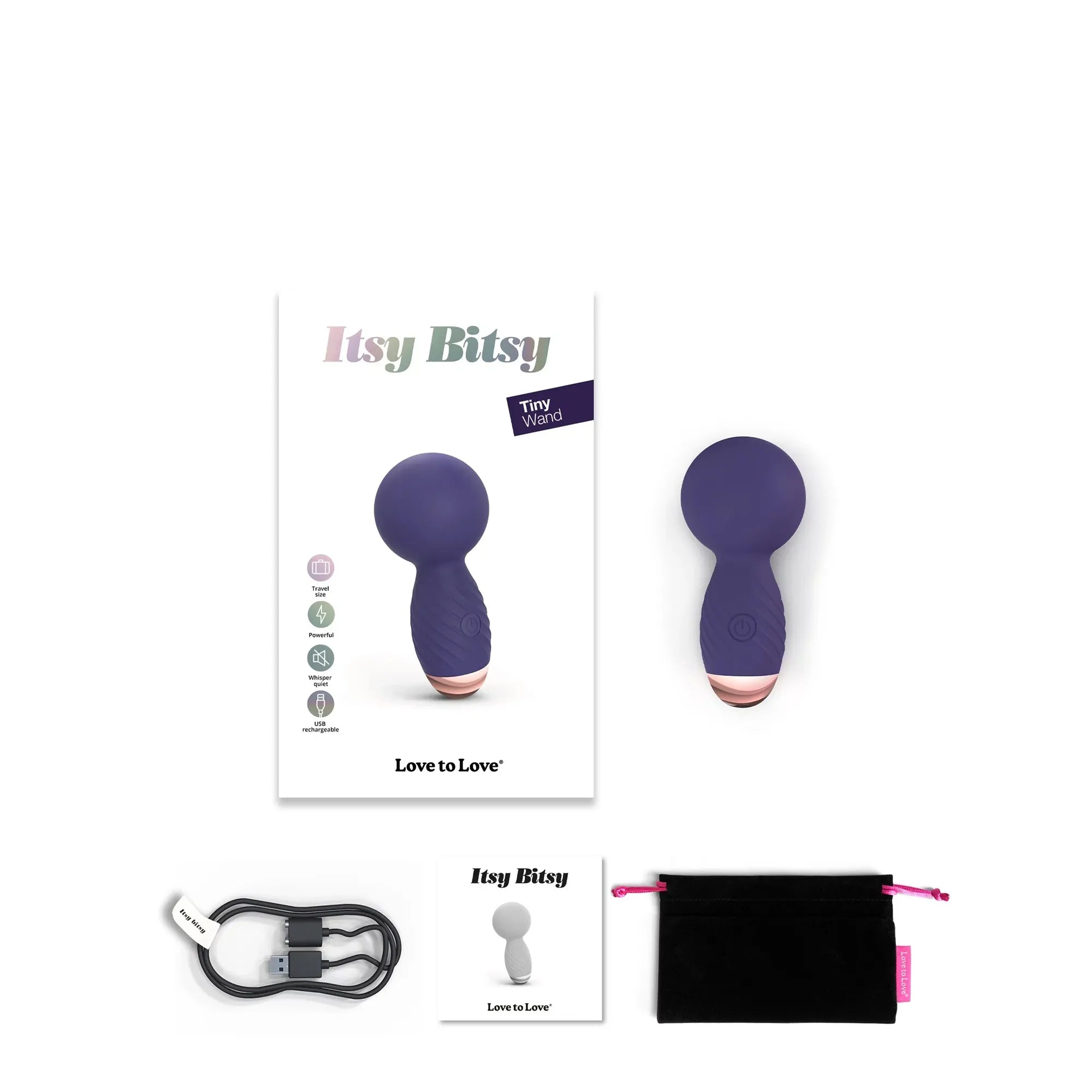 Vibromasseur rechargeable USB Itsy Bitsy avec packaging, câble USB et pochette de rangement.